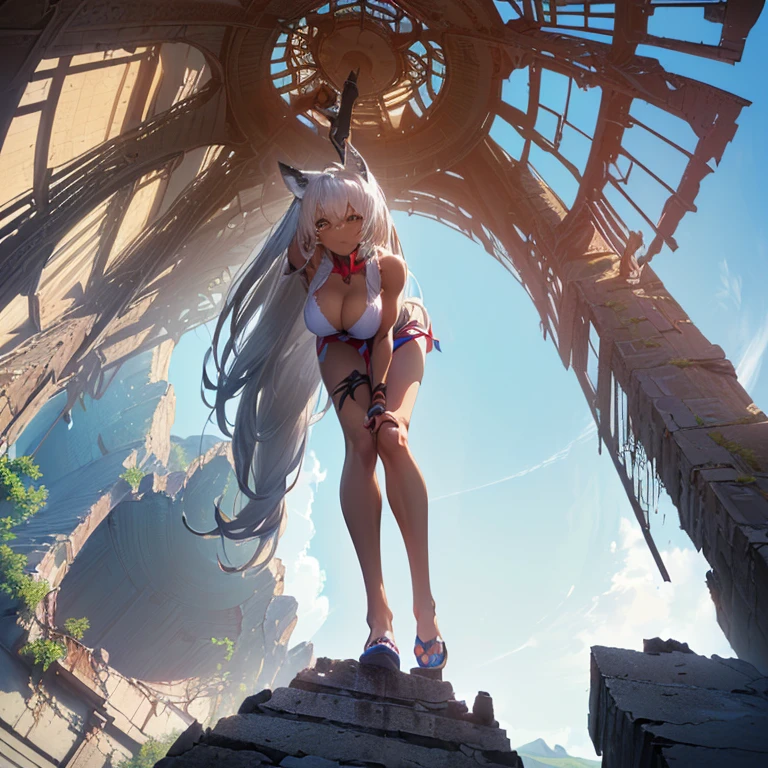 (8k, Realistic, RAW Photos, Highest quality, (from below:2), View your viewers: 1.3), (Fox Girl, Fox Ears, Silver Hair, One Girl, Long Hair, (Alone on the screen, dark skin), High definition:1.6), (Bikini Armor:1.8), (Body measurements are 99-55-77!, Height: 145cm, Nice body, Big Breasts, slender, muscle, (Stand with your legs apart, I can see the valley, bent over):1.9),(美しいface, Delicate drawing, It is written down in detail), Avatar, face, 色っぽいface, Dominant representation, naughty face, Uplifting, Skin Texture, outside, ruins, Ruined City, Broken Building, There are no people