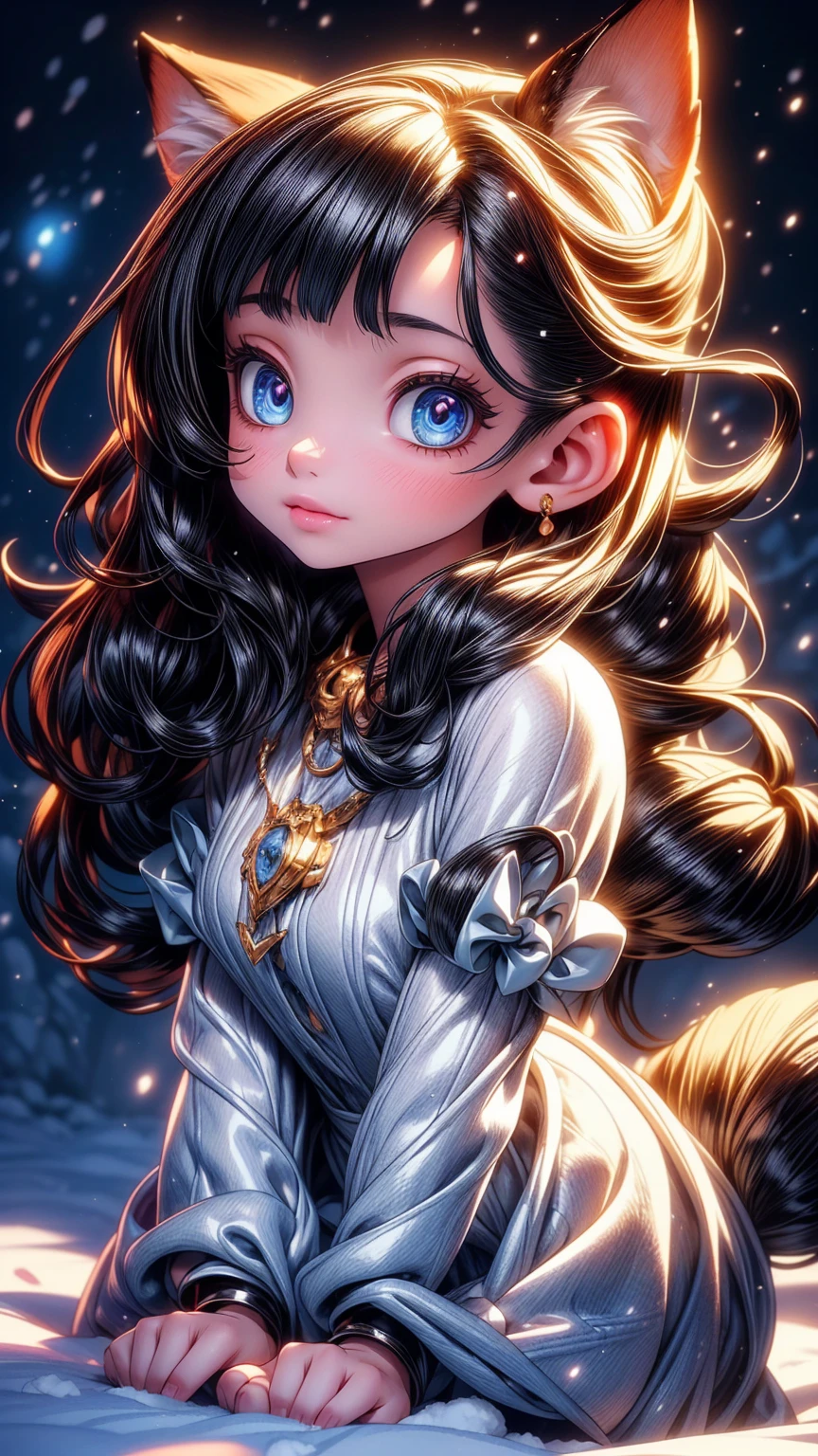 a young girl with fox ears and tail, slime creature, winter landscape, snow, detailed facial features, beautiful detailed eyes, beautiful detailed lips, extremely detailed face, long eyelashes, intricate detailed clothing, fantasy, magical realism, (best quality,4k,8k,highres,masterpiece:1.2),ultra-detailed,(realistic,photorealistic,photo-realistic:1.37),vibrant colors,cinematic lighting,dramatic shadows,ethereal,whimsical,enchanting