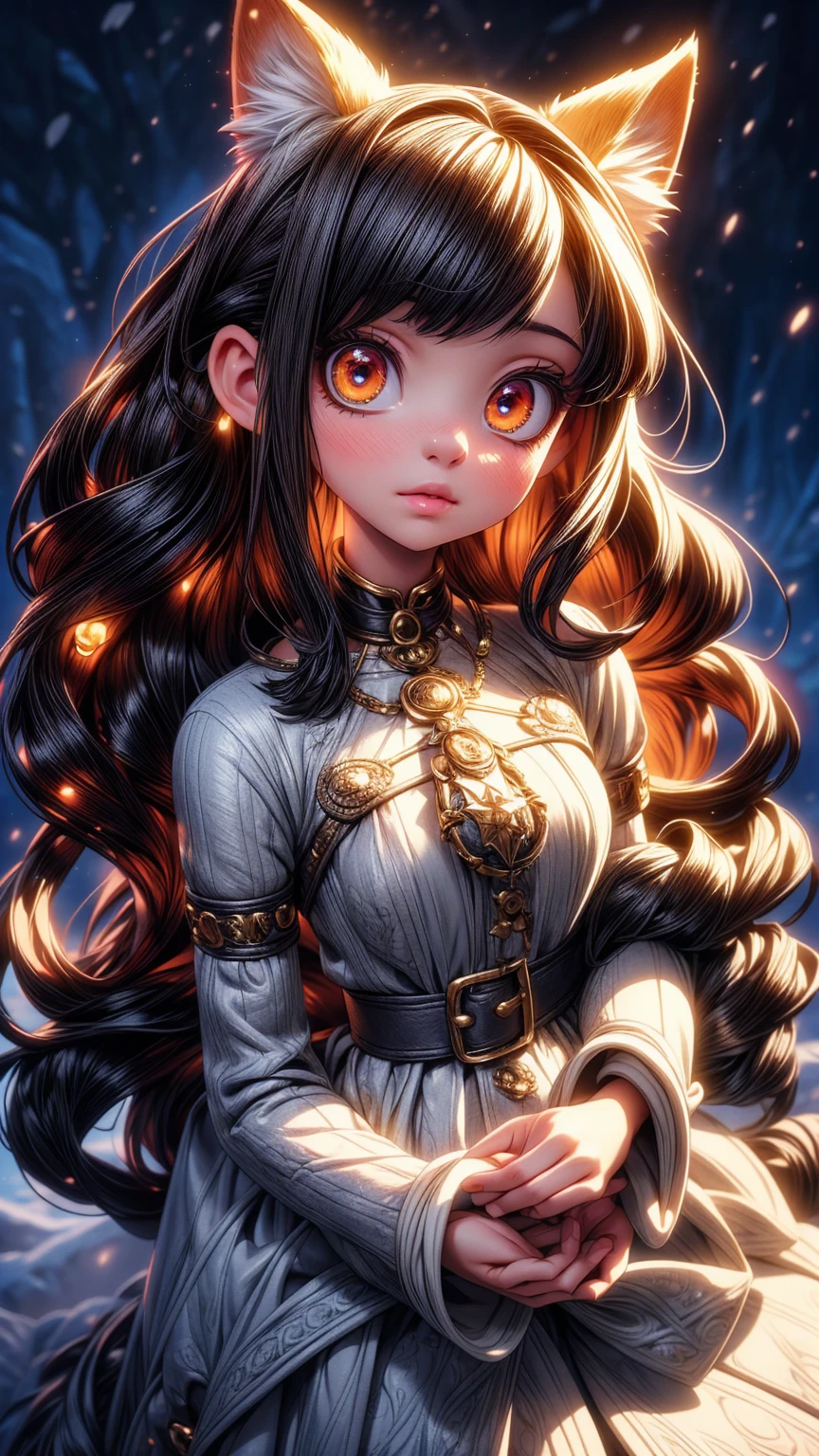 a young girl with fox ears and tail, slime creature, winter landscape, snow, detailed facial features, beautiful detailed eyes, beautiful detailed lips, extremely detailed face, long eyelashes, intricate detailed clothing, fantasy, magical realism, (best quality,4k,8k,highres,masterpiece:1.2),ultra-detailed,(realistic,photorealistic,photo-realistic:1.37),vibrant colors,cinematic lighting,dramatic shadows,ethereal,whimsical,enchanting