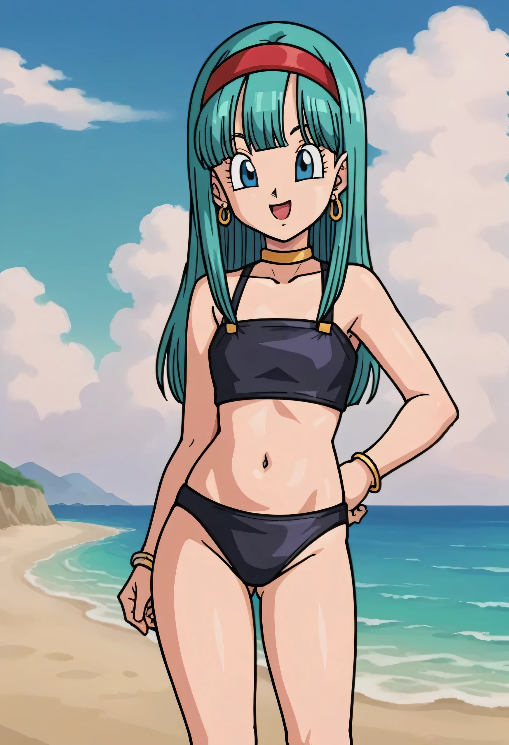 source_anime, score_9, score_8_up, score_7_up, anime screencap, bulla, 1girl, solo, long hair, aqua hair, looking at viewer, smile, open mouth, bangs, collarbone, outdoors, sky, cloud, day, eyelashes, hoop earrings, eyebrows, bare shoulders, cloudy sky, red hairband, earrings, blue eyes, bare legs, masterpiece, best quality, very aesthetic, absurdres, black bikinis, black panty, midriff, blue skies, standing, cowboy shot, beach, ocean