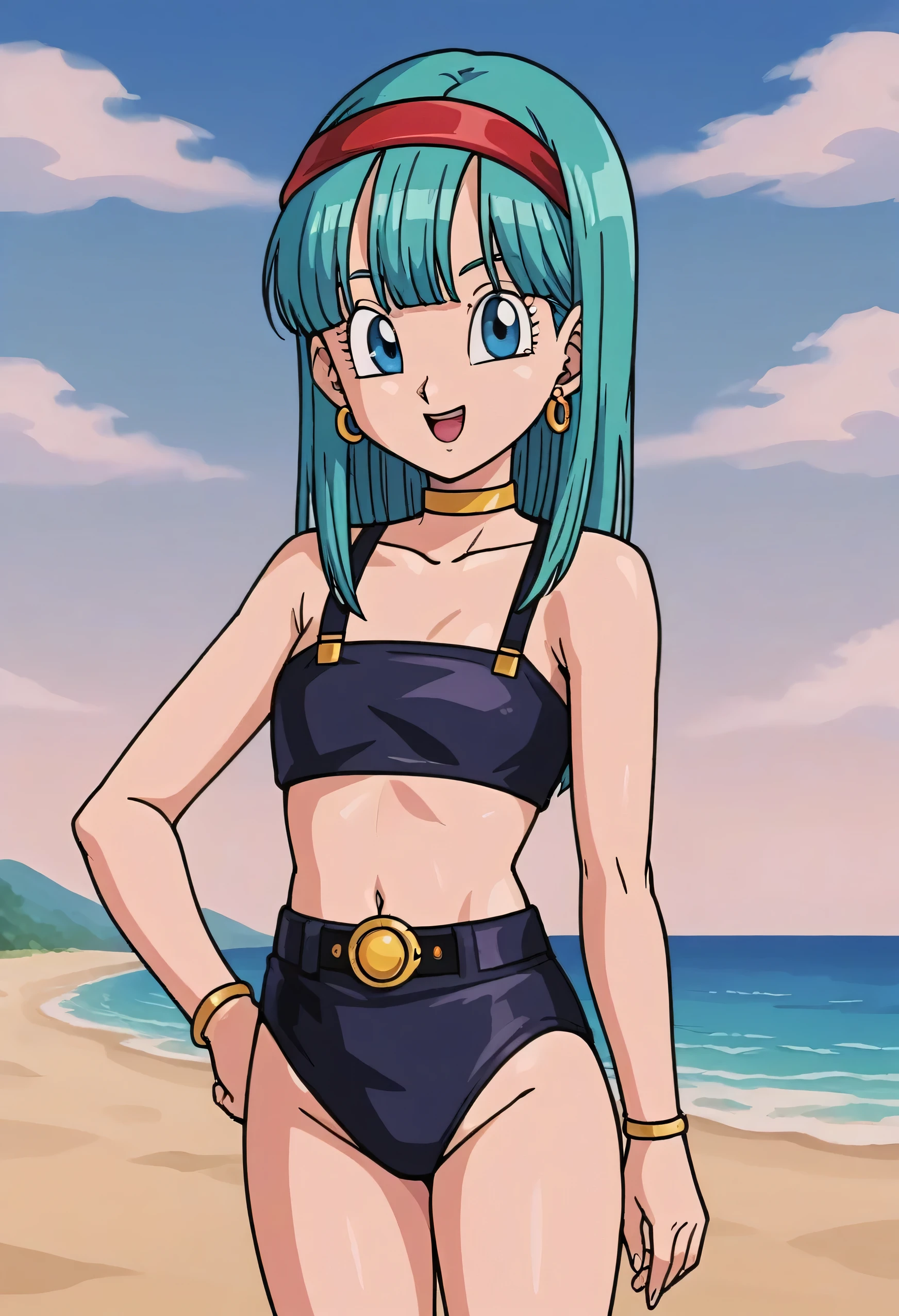 source_anime, score_9, score_8_up, score_7_up, anime screencap, bulla, 1girl, solo, long hair, aqua hair, looking at viewer, smile, open mouth, bangs, collarbone, outdoors, sky, cloud, day, eyelashes, hoop earrings, eyebrows, bare shoulders, cloudy sky, red hairband, earrings, blue eyes, bare legs, masterpiece, best quality, very aesthetic, absurdres, black bikinis, black panty, midriff, blue skies, standing, cowboy shot, beach, ocean