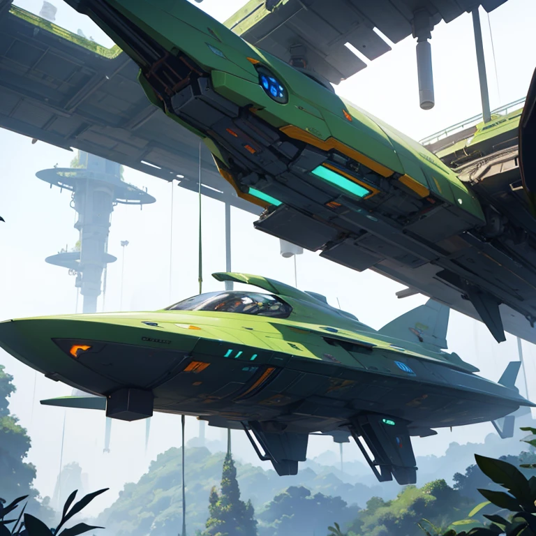 Futuristic elven spaceship hovering over jungle,