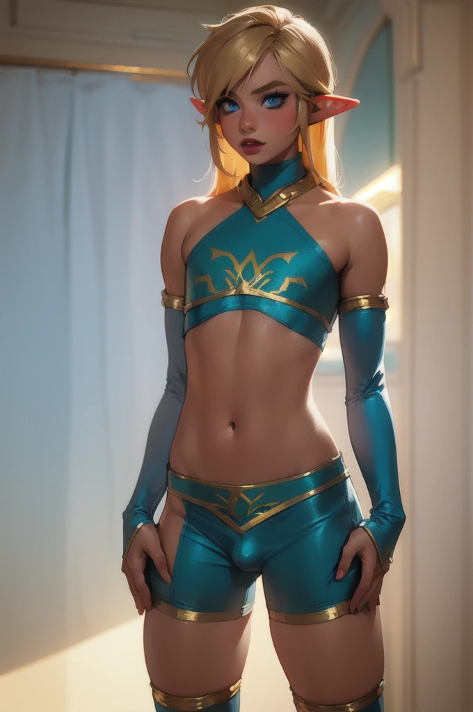 1 boy, solo, 1 boy, solo, solo, masterpiece, best quality, 18 years old, link, elf, tan skin, long blonde hair, blue eyes, eye shadow, lipstick, crop top, thigh highs, hands behind back, small penis,
