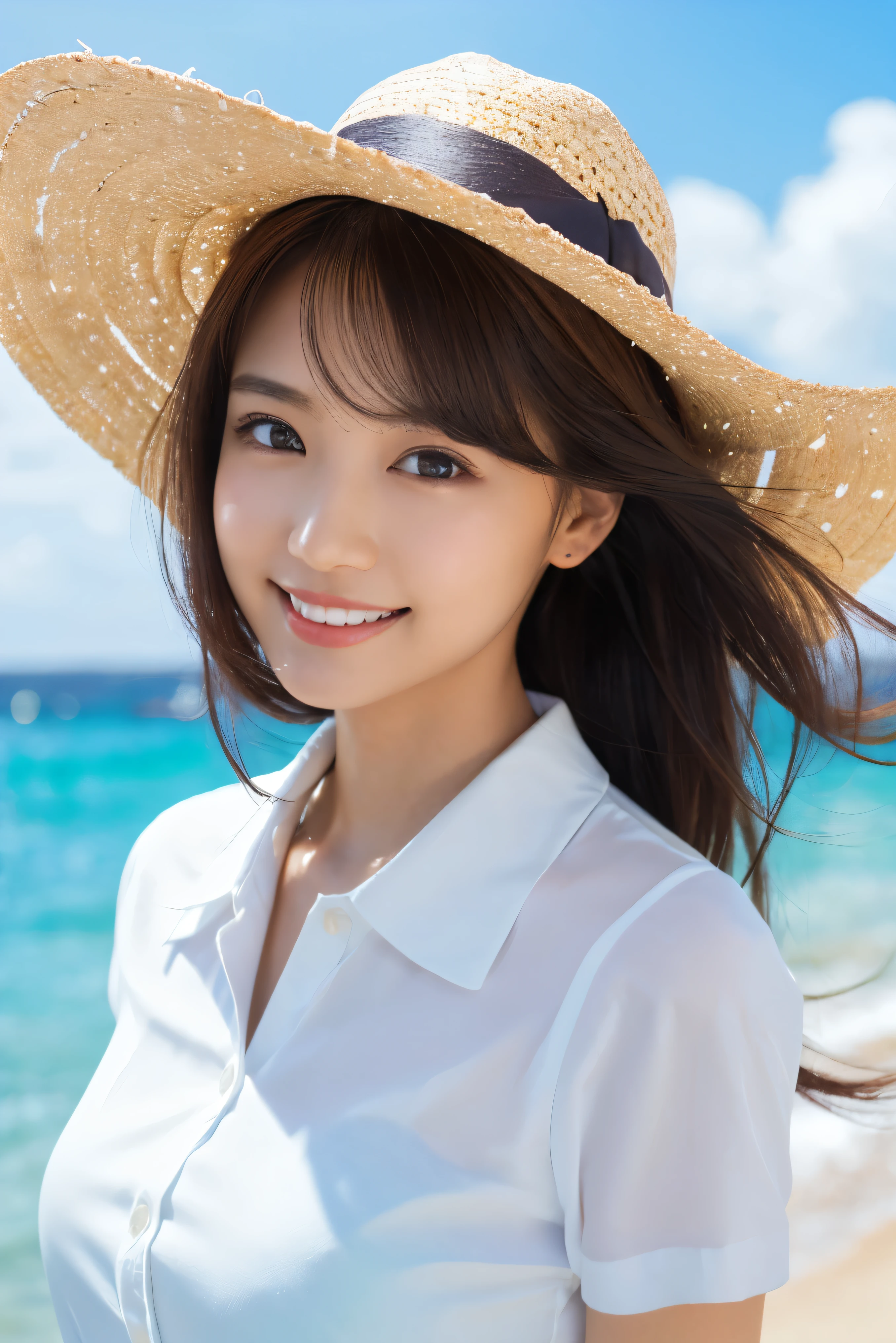 masterpiece,best quality,(Japanese ),((Beautiful girl)),cleavage,(perfect body beauty:1.2),(shy smile),beautiful teeth,(straw hat),(seaside),