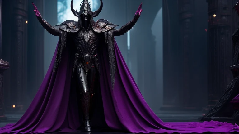 Deity, ancient being, tall, horns forming a crown, alien, humanoid body, omnipotent, semi-naked, long violet-black and red cloaks partially cover the body, skull for head, fissures for eyes, head uncovered.