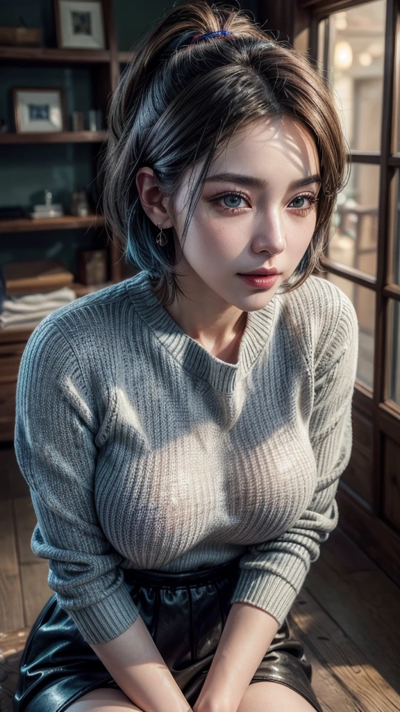 (8K, highest quality, masterpiece:1,2), (realistic, Photoreal:1.37), Super detailed, one girl,), (very detailed), (detailed and beautiful eyes), ((((highly detailed artwork))))、Earrings、((Two-toned hair))、ponytail、(((Inside a stylish secondhand clothing store)))、(masterpiece、Highest quality、In 8K、32K、masterpiece、Super huge 、Ultra-high resolution、Impressionism、Realistic:1.2)、((Cowboy Shot)),  Sharp focus、Beautiful face with detailed background of face and eyelids、Glowing Skin、Sharp pupils、Realistic eyes and beautiful face、Blurred Background、Beautiful 28 year old girl、Glowing Skin、(((bright and beautiful hair)))、iris、curve、Powerful composition,  ((seductive looks))、((horny expression))、、(light blue hair color))、[black hair]、Best Quality, Ultra High Definition, (Photorealistic:1.4),Sunset Light, Ponytail, Korean Women, (big breasts), Detailed Photo, Smiling, Sexy, Black Shirt, Facing Camera,  (Masterpiece: 1.3), (8K, Photorealistic, Best Quality: 1.4), (1girl), Beautiful Face, (Realistic Face), (Black Hair, Short Hair: 1.3), Beautiful Hairstyle, Realistic eyes, beautiful detail eyes, (realistic skin), beautiful skin, (sweater), absurd, attractive, ultra high resolution, ultra realistic, high definition, golden ratio, sitting, crossed legs, black skirt 