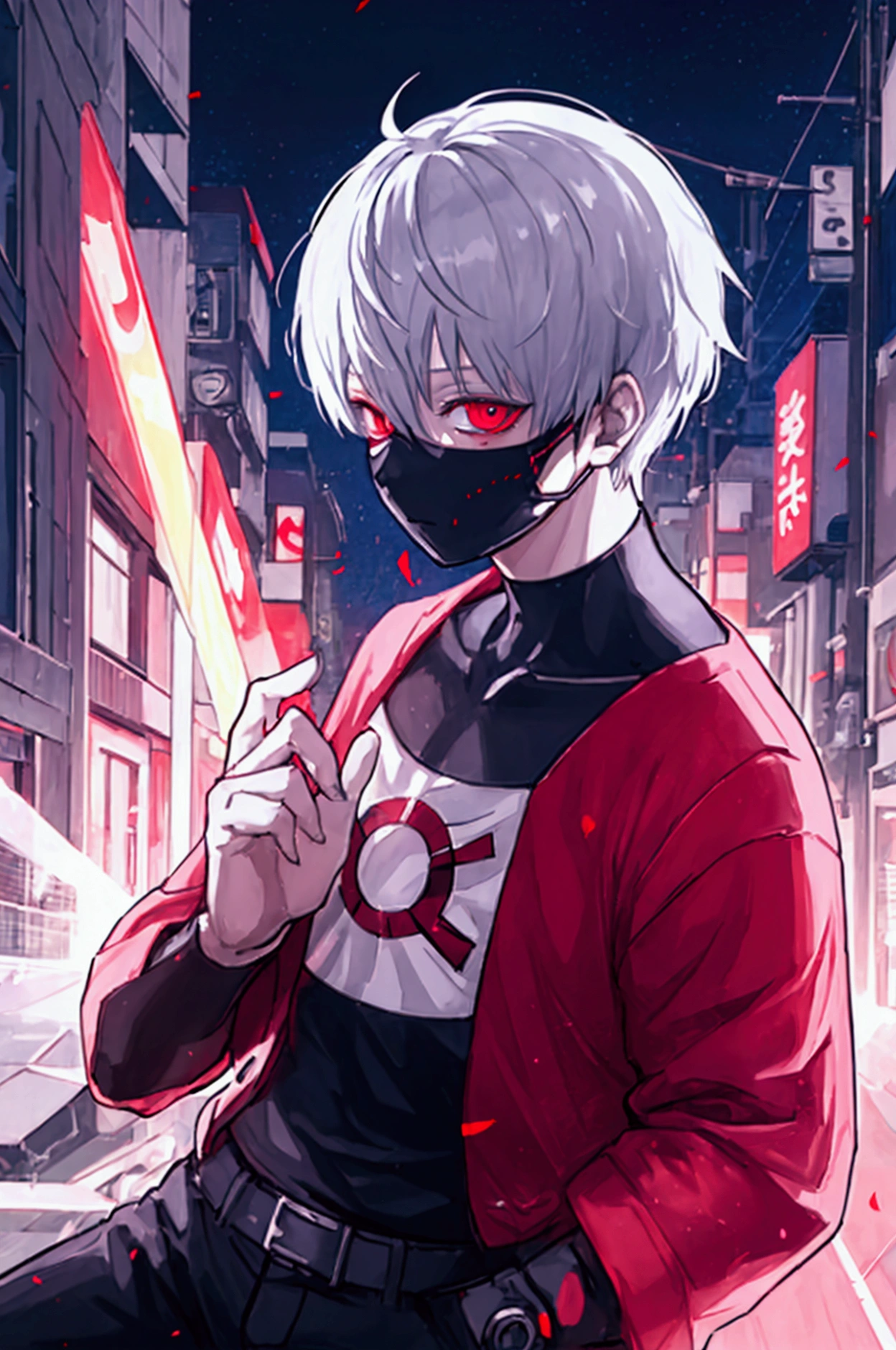 Kaneki Ken from &#39;Tokyo Ghoul&#39; in high quality, with energy flowing around your body. Show it off in a powerful pose, with the ghoul mask revealing his glowing red eye. Capture the details of her white hair and the kagune sticking out of her back, enveloped in an aura of pulsating energy. Use a nighttime urban background with deep shadows and neon lights, highlighting the vibrant and dynamic energy that emanates from Kaneki, creating an atmosphere of power and transformation