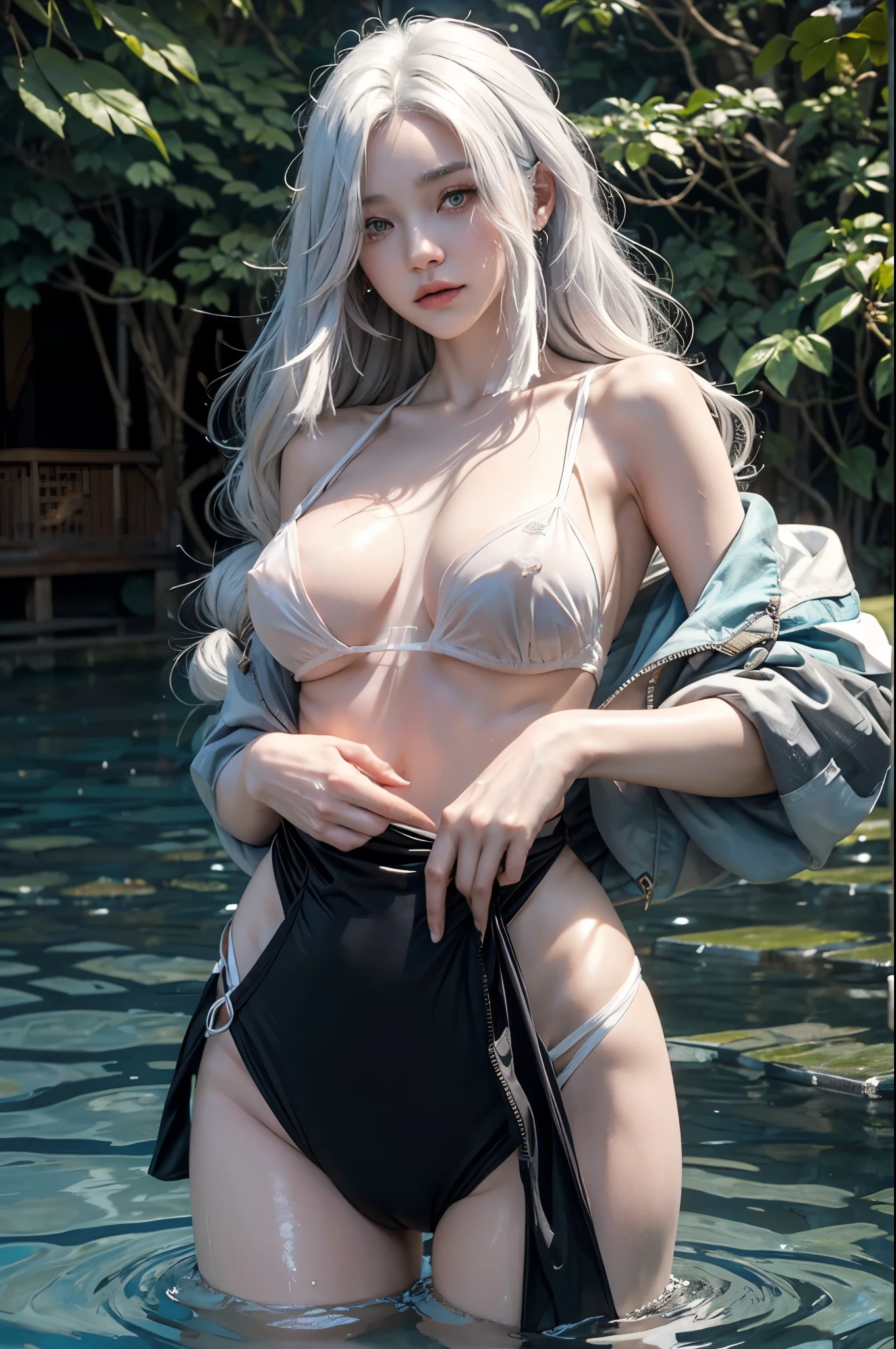 white hair, *Ice cold eyes, Shenhe softens slightly as he observes your expression closely, cleavage, medium breasts, no bra, nipples showing, no panties, cameltoe, confirms that you are completely comfortable with this feeling, hairy  white, in the depths of clear water, under water
    While swimming in clear water