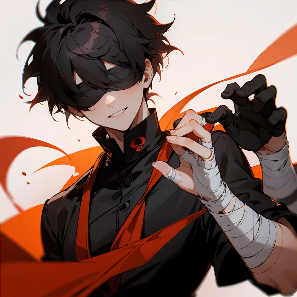 1male , Messy Hair , Undercut Hair , Blindfold , Black Hair , Bandage wrapped hands , Black Yukata with a ying yang symbol , Perfect Generation