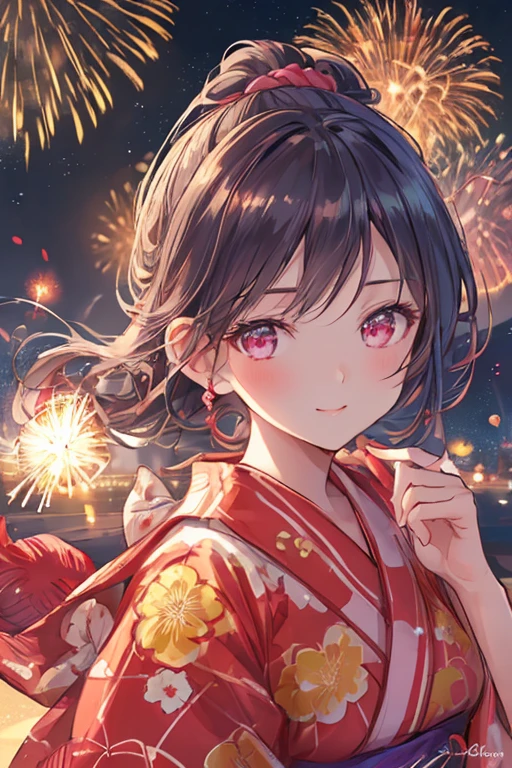 a beautiful woman wearing a red yukata, detailed hair tied up, yellow obi, night festival, fireworks bursting in the sky, blushing and smiling, fireworks reflected in sparkling eyes, (best quality,4k,8k,highres,masterpiece:1.2),ultra-detailed, (realistic,photorealistic,photo-realistic:1.37),studio lighting,extremely detailed face and eyes,longeyelashes,beautiful detailed lips,detailed face,beautiful skin,elegant pose,intricate details,vivid colors,dramatic lighting,glowing fireworks,sparkling night sky