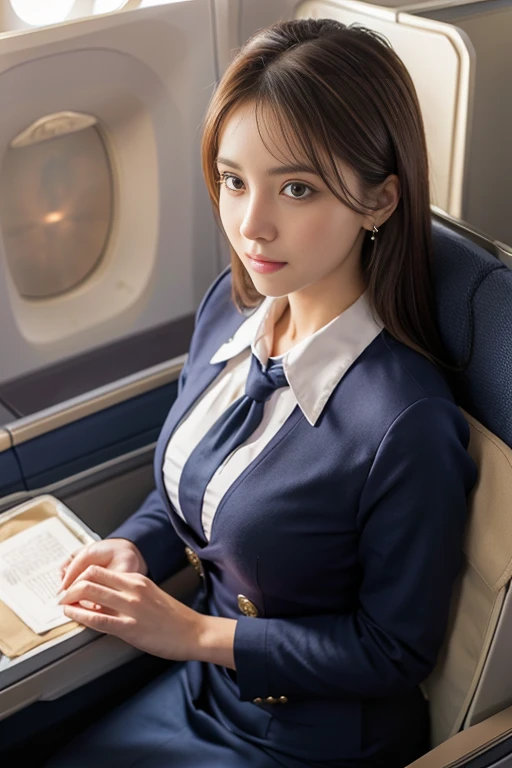 masterpiece, Highest quality, Realistic, Very detailed, Finer details, High resolution, 8k wallpaper, One beautiful woman, (((Wear a navy blue flight attendant uniform))), Wearing a white shirt, Wearing a tight skirt, wearing heeled shoes, ((In a first class seat on an airplane: 1.4)), At night, Light brown messy hair, Perfect dynamic composition, Beautiful and beautiful eyes、Small earrings、Standing facing the viewer、whole body