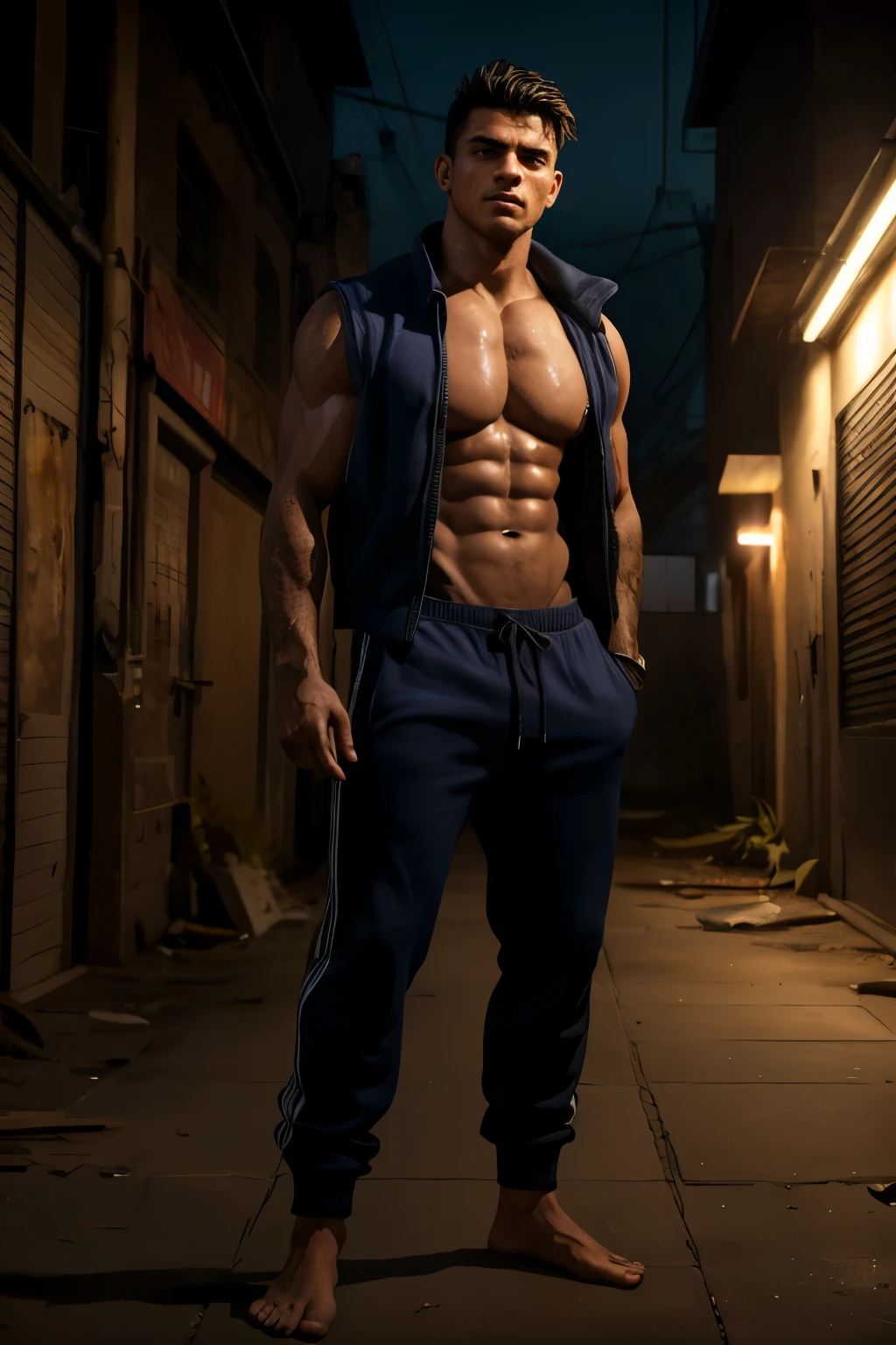 a young hot barefoot muscular street fighter, ruddy himbo wild 18 years old guy, full height, hot libido of the Latin race, in an old worn dirty dark indigo black Adidas tracksuit, muscle flexing on an abandoned sports playground on the street. Unbuttoned sleeveless sports jacket, rolled up ragged sweatpants, boner in pants, trained sweaty abs, brown eyes, very short dark brown male sweat straight hair, dirty bare feet, half smile, bloody gunshot wounds of knees (best quality,4k,8k,highres,masterpiece:1.2),ultra-detailed,(realistic,photorealistic,photo-realistic:1.37),HDR,UHD,studio lighting,ultra-fine painting,sharp focus,physically-based rendering,extreme detail description,professional,vivid colors,bokeh,portraits,gritty,urban,dark,dramatic lighting