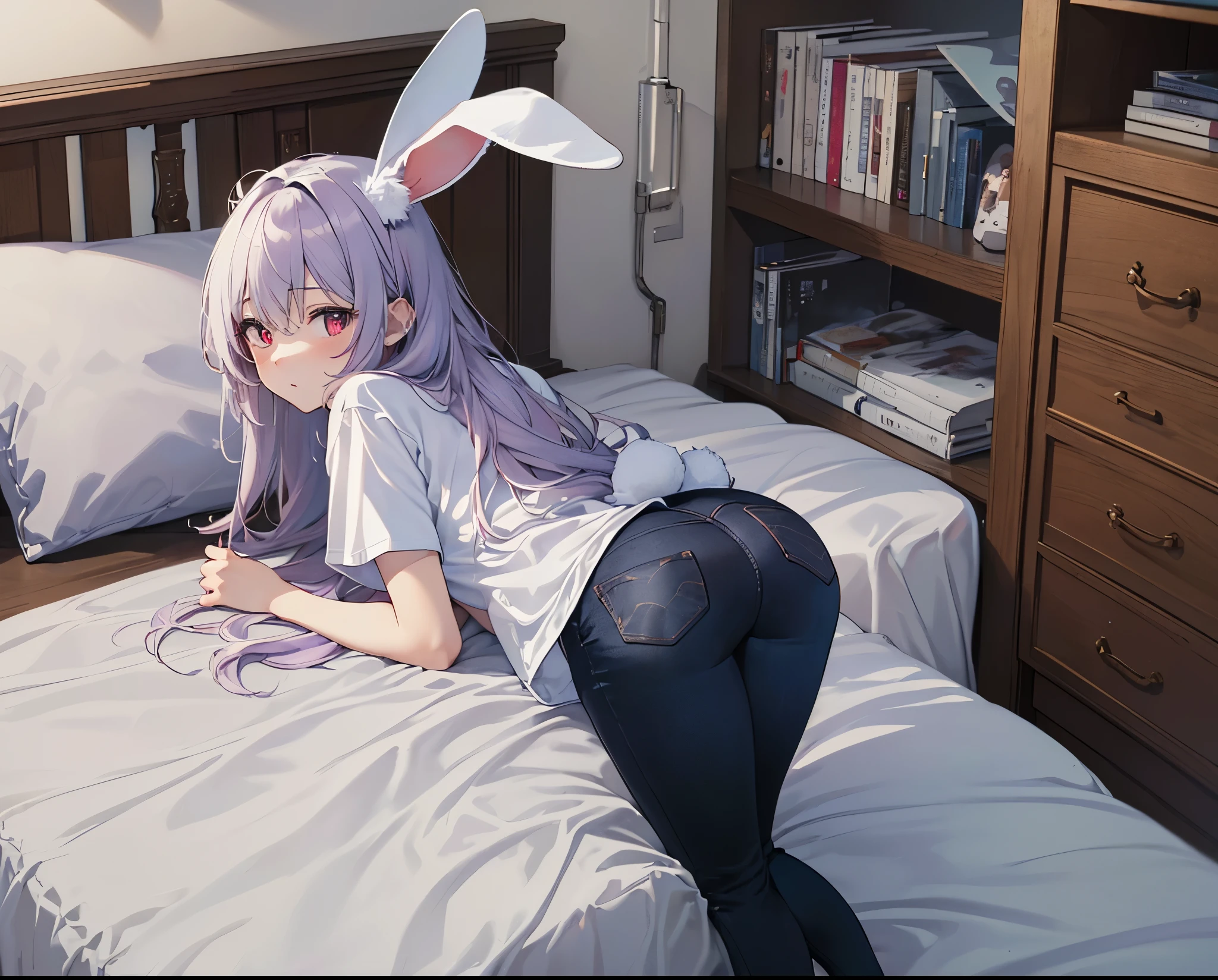 (Close-up:1.3),Realistic,Highest quality, Super detailed, High-quality CG rendering, The most delicate and beautiful, Floating softly, High resolution, (1 girl), (Highest quality,4K,8k,masterpiece:1.2), Light purple hair,(Long Hair:1.5),(Rabbit ears:1.5),Red eyes,(Pure white oversized short sleeve T-shirt:1.3),(Black skinny jeans:1.3),(Small room),bed,(bedに倒れている:1.4),(bedにうつ伏せ:1.5),(Turn your back to your audience:1.3),Butt,Pure white socks