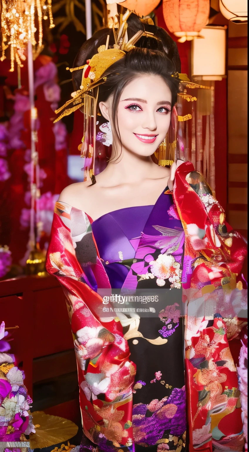 ((masterpiece(:1.4),Highest quality,Ultra-high resolution,Highest quality,8k,Extremely detailed,In detail))。night,Fireworks display,Japanese,A beautiful woman,Big Breasts,Flashy gal makeup,Oiran,Long-sleeved kimono,Uchikake,Gold brocade,Sunny clothes,Hair tying,hairpin,hair ornaments,geta,Oiran道中,Gorgeous and luxurious,(Fireworks displayのnightに河川敷で花火を背景にしたスナップ写真),Emphasize the chest,Show your shoulderove the dress up to the shoulders,