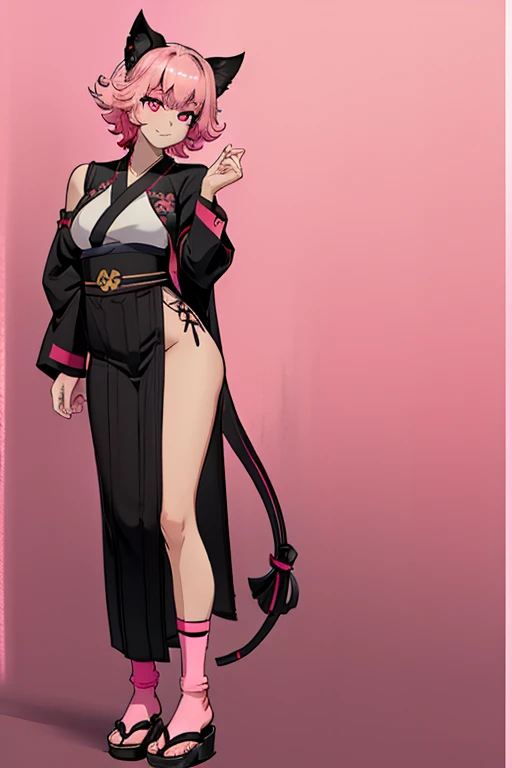 female, pink short hair, red eyes, black cat ears, pink cat tail, (((1girl))), (((pink and black kimono))), (white tabi socks), (black Japanese sandals), cute and sexy, full body, modest breasts, modest butt, long legs, smiling