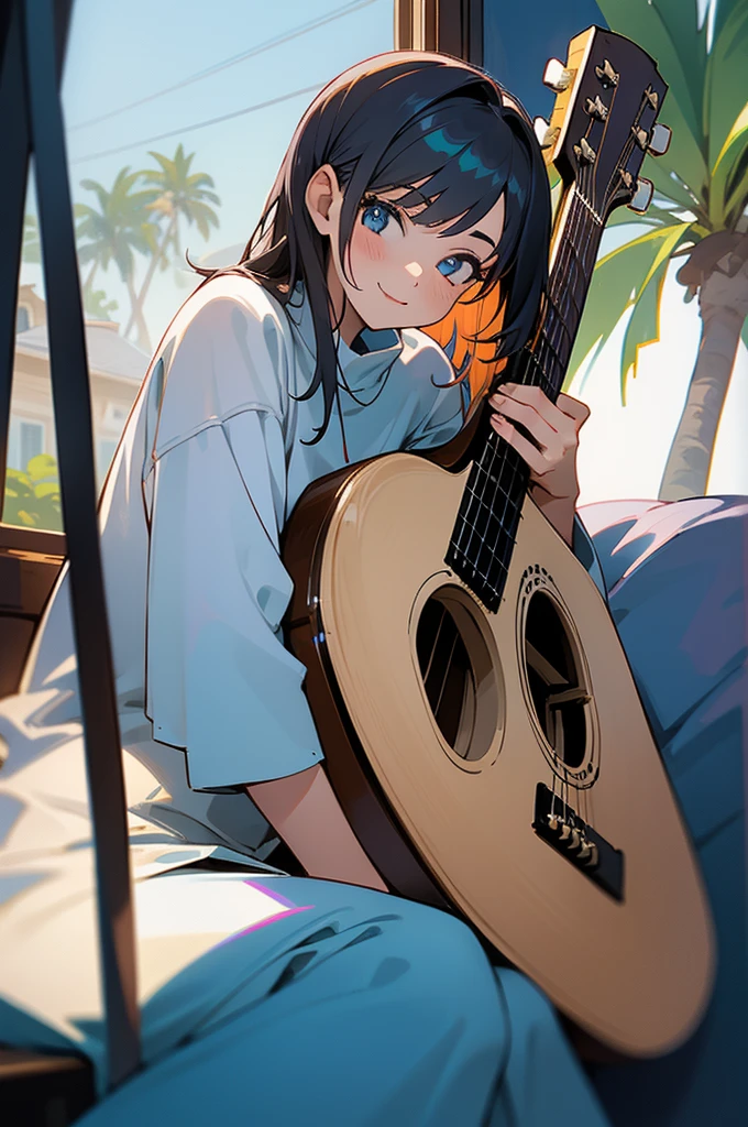 1 girl, sitting down with an acoustic guitar, background inside a house sitting behind a window that shows LA with palm trees, she is facing towards you, looking towards you, with a big smile,
