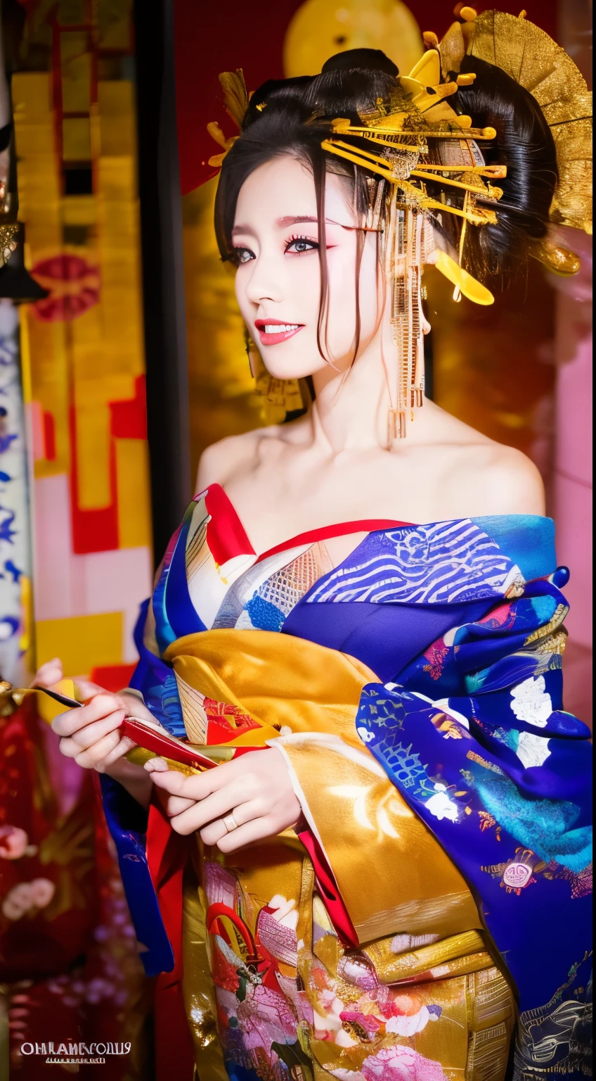 ((masterpiece(:1.4),Highest quality,Ultra-high resolution,Highest quality,8k,Extremely detailed,In detail))。night,Fireworks display,Japanese,A beautiful woman,Big Breasts,Flashy gal makeup,Oiran,Long-sleeved kimono,Uchikake,Gold brocade,Sunny clothes,Hair tying,hairpin,hair ornaments,geta,Oiran道中,Gorgeous and luxurious,(Fireworks displayのnightに河川敷で花火を背景にしたスナップ写真),Emphasize the chest,Show your shoulderove the dress up to the shoulders,