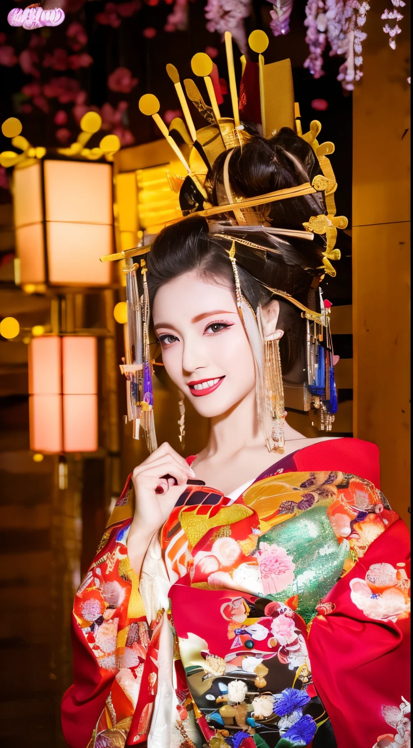 ((masterpiece(:1.4),Highest quality,Ultra-high resolution,Highest quality,8k,Extremely detailed,In detail))。night,Fireworks display,Japanese,A beautiful woman,Big Breasts,Flashy gal makeup,Oiran,Long-sleeved kimono,Uchikake,Gold brocade,Sunny clothes,Hair tying,hairpin,hair ornaments,geta,Oiran道中,Gorgeous and luxurious,(Fireworks displayのnightに河川敷で花火を背景にしたスナップ写真),Emphasize the chest,Show your shoulderove the dress up to the shoulders,