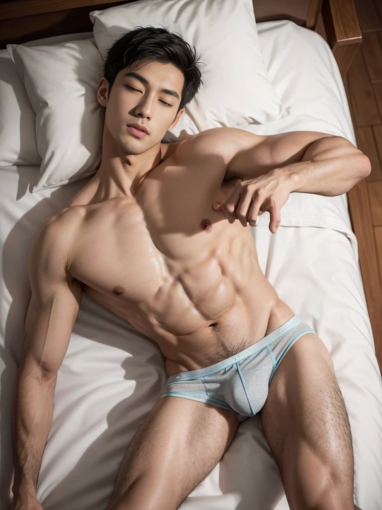 Arafed man in a briefs, handsome man, handsome guy, handsome arafed man, Full Body Shoot, male underwear, briefs, portrait, detailed facial parts, Manly, Charmer, Active Boy, sleeping, sleeping on bed, lie down, legs opened, harness, eyes closed, mouth opened, perfect anatomy, symmetric body, asian boy 25-year-old, shirtless :: high detail, asian, a little six packs attractive body, realistic, human skin, handsome chad chin, shirtless, handsome, lean muscle, attractive, slim, masculine, sexually attractive, human skin, (eyes contact), Handsome, Attractive, bulge in briefs, The crotch is raised, bright tone, realistic