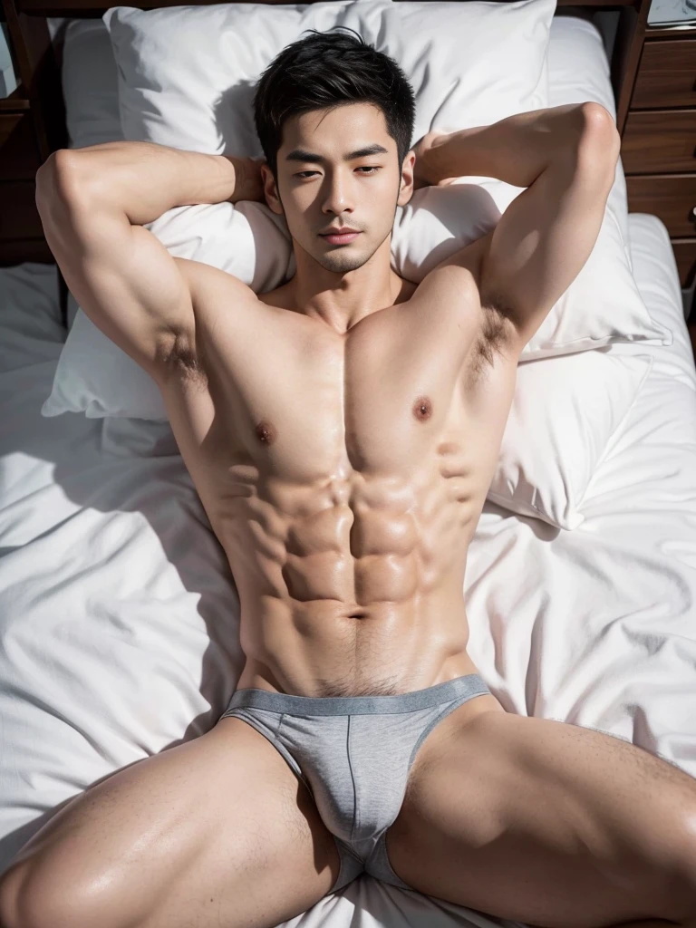 Arafed man in a briefs, handsome man, handsome guy, handsome arafed man, Full Body Shoot, male underwear, briefs, portrait, detailed facial parts, Manly, Charmer, Active Boy, sleeping, sleeping on bed, lie down, legs opened, harness, eyes closed, mouth opened, perfect anatomy, symmetric body, asian boy 25-year-old, shirtless :: high detail, asian, a little six packs attractive body, realistic, human skin, handsome chad chin, shirtless, handsome, lean muscle, attractive, slim, masculine, sexually attractive, human skin, (eyes contact), Handsome, Attractive, bulge in briefs, The crotch is raised, bright tone, realistic