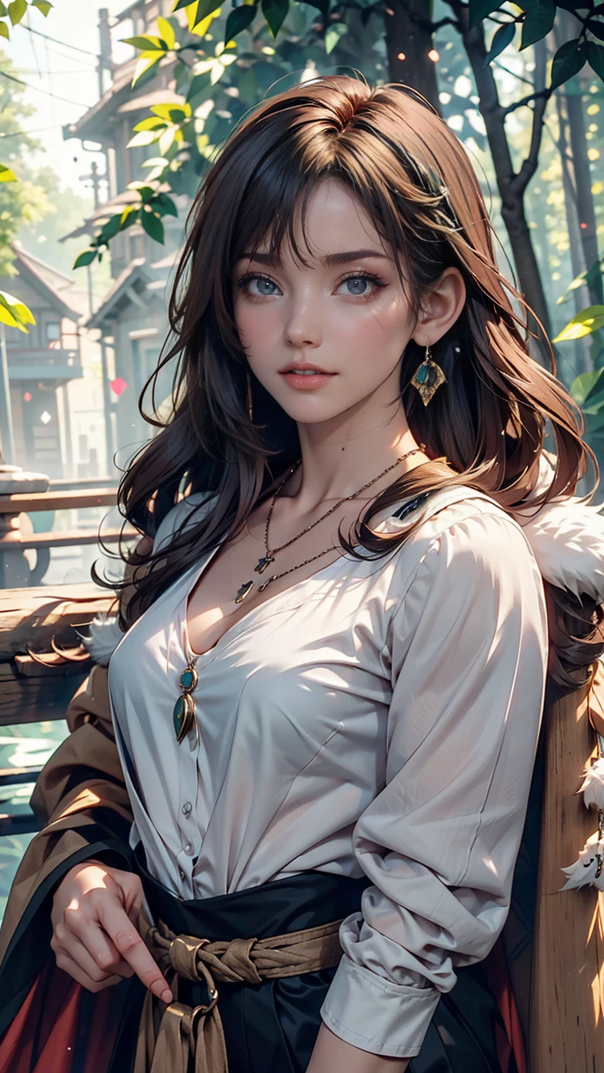 mj3d style,3dmm,3d,(masterpiece, Highest quality:1.1), Ghibli style, Mr. Miss. (mononoke hime), One girl, Bracelet, bangs, Black Hair, black undershirt, chest, Cape, Circlet, Earrings, Face Paint, Floating Hair, forest, fur Cape, Green Eyes, jewelry, View your viewers, medium chest, nature, necklace, Outdoor, parted bangs, shirt, short hair, No sleeve, No sleeve shirt, alone, tooth necklace, wood, Upper Body, white shirt