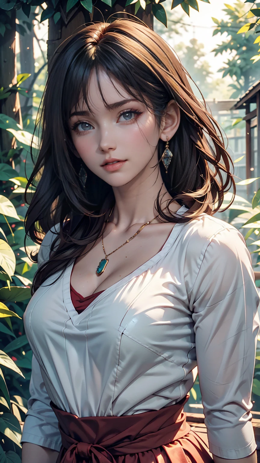 mj3d style,3dmm,3d,(masterpiece, Highest quality:1.1), Ghibli style, Mr. Miss. (mononoke hime), One girl, Bracelet, bangs, Black Hair, black undershirt, chest, Cape, Circlet, Earrings, Face Paint, Floating Hair, forest, fur Cape, Green Eyes, jewelry, View your viewers, medium chest, nature, necklace, Outdoor, parted bangs, shirt, short hair, No sleeve, No sleeve shirt, alone, tooth necklace, wood, Upper Body, white shirt