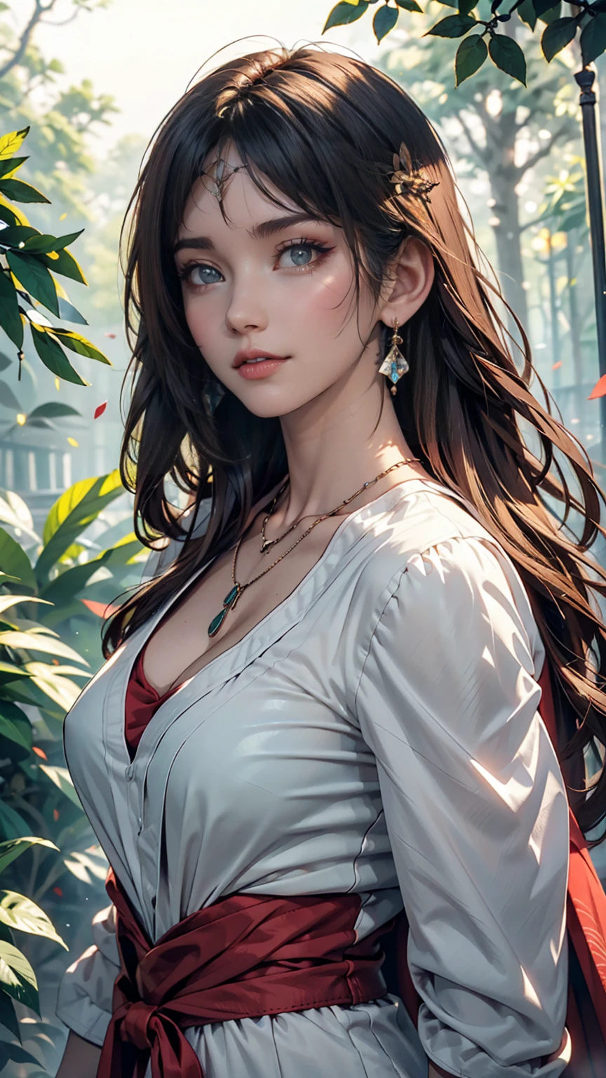 mj3d style,3dmm,3d,(masterpiece, Highest quality:1.1), Ghibli style, Mr. Miss. (mononoke hime), One girl, Bracelet, bangs, Black Hair, black undershirt, chest, Cape, Circlet, Earrings, Face Paint, Floating Hair, forest, fur Cape, Green Eyes, jewelry, View your viewers, medium chest, nature, necklace, Outdoor, parted bangs, shirt, short hair, No sleeve, No sleeve shirt, alone, tooth necklace, wood, Upper Body, white shirt