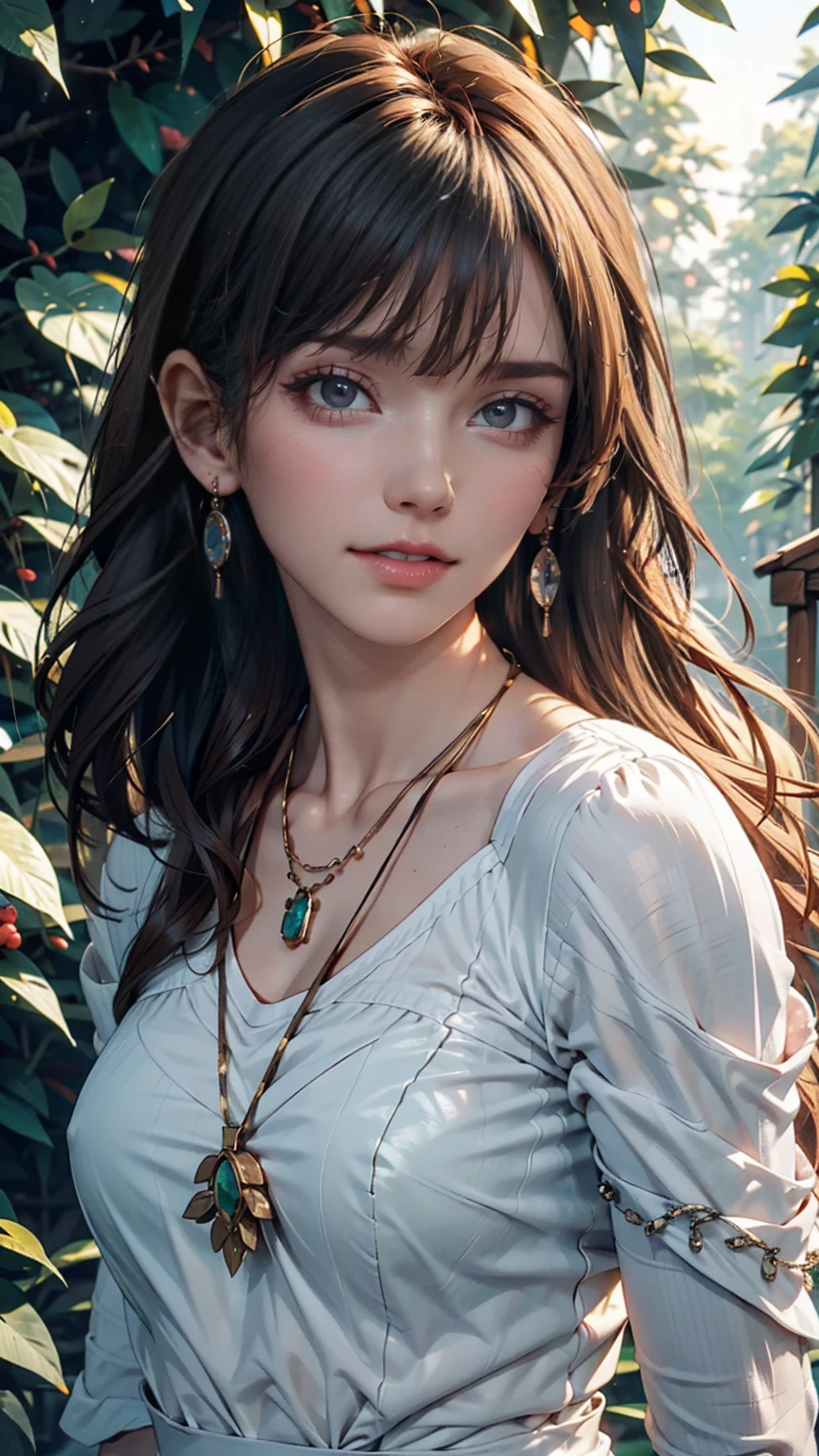 mj3d style,3dmm,3d,(masterpiece, Highest quality:1.1), Ghibli style, Mr. Miss. (mononoke hime), One girl, Bracelet, bangs, Black Hair, black undershirt, chest, Cape, Circlet, Earrings, Face Paint, Floating Hair, forest, fur Cape, Green Eyes, jewelry, View your viewers, medium chest, nature, necklace, Outdoor, parted bangs, shirt, short hair, No sleeve, No sleeve shirt, alone, tooth necklace, wood, Upper Body, white shirt