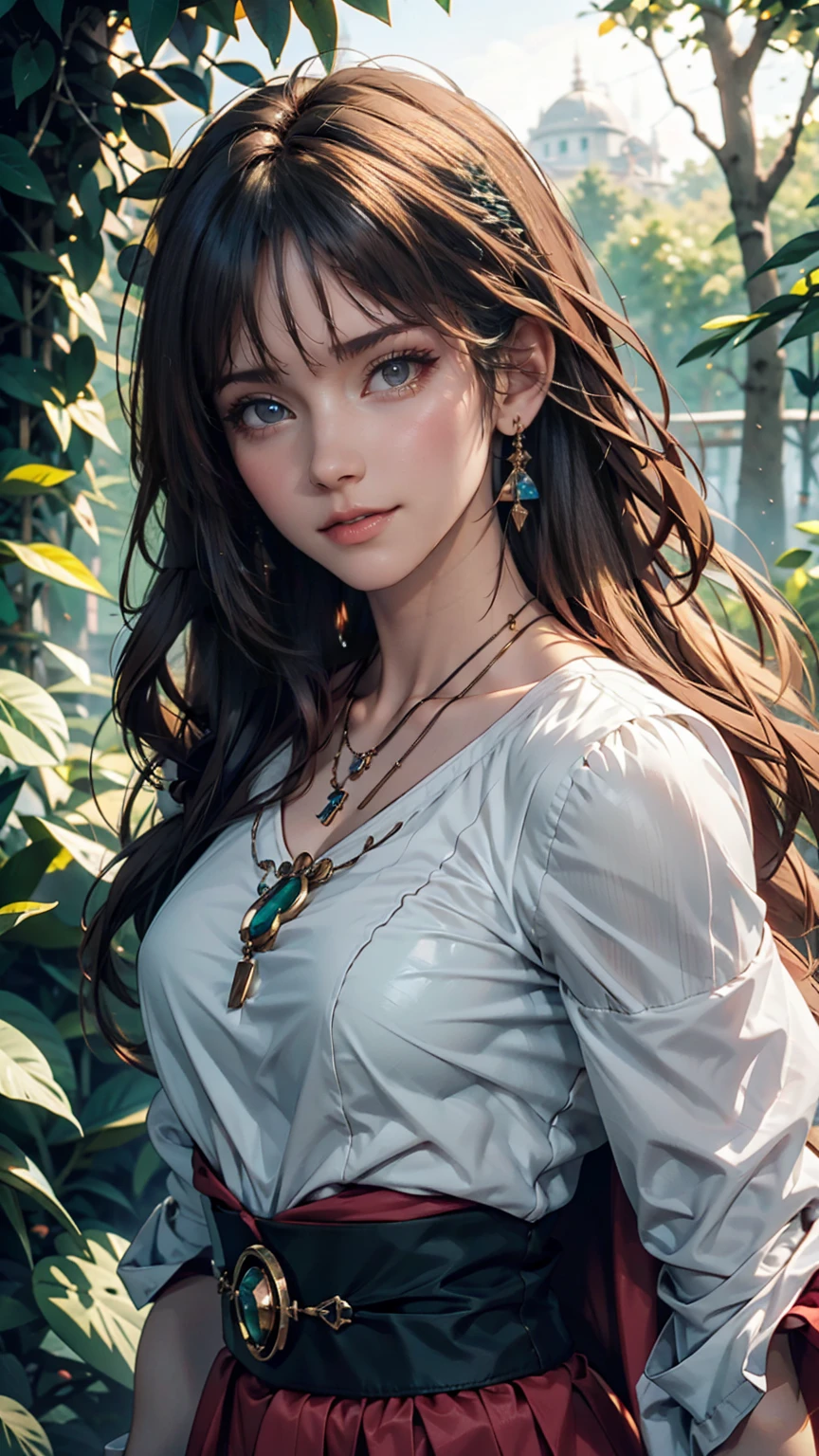 mj3d style,3dmm,3d,(masterpiece, Highest quality:1.1), Ghibli style, Mr. Miss. (mononoke hime), One girl, Bracelet, bangs, Black Hair, black undershirt, chest, Cape, Circlet, Earrings, Face Paint, Floating Hair, forest, fur Cape, Green Eyes, jewelry, View your viewers, medium chest, nature, necklace, Outdoor, parted bangs, shirt, short hair, No sleeve, No sleeve shirt, alone, tooth necklace, wood, Upper Body, white shirt