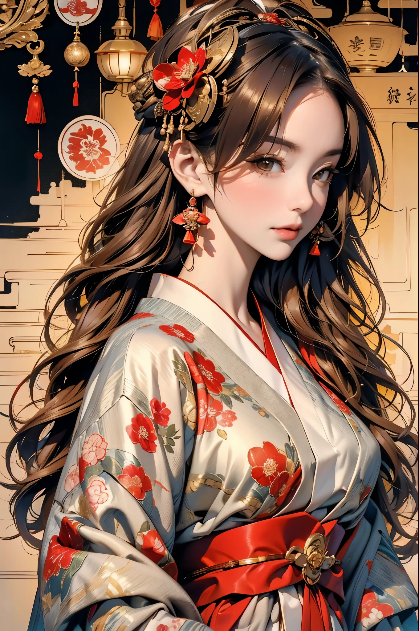 a woman in a golden red kimono dress with a gold halo, japanese goddess, chie yoshii, elegant japanese woman, portrait of a beautiful geisha, intricate geisha kimono, japanese art style