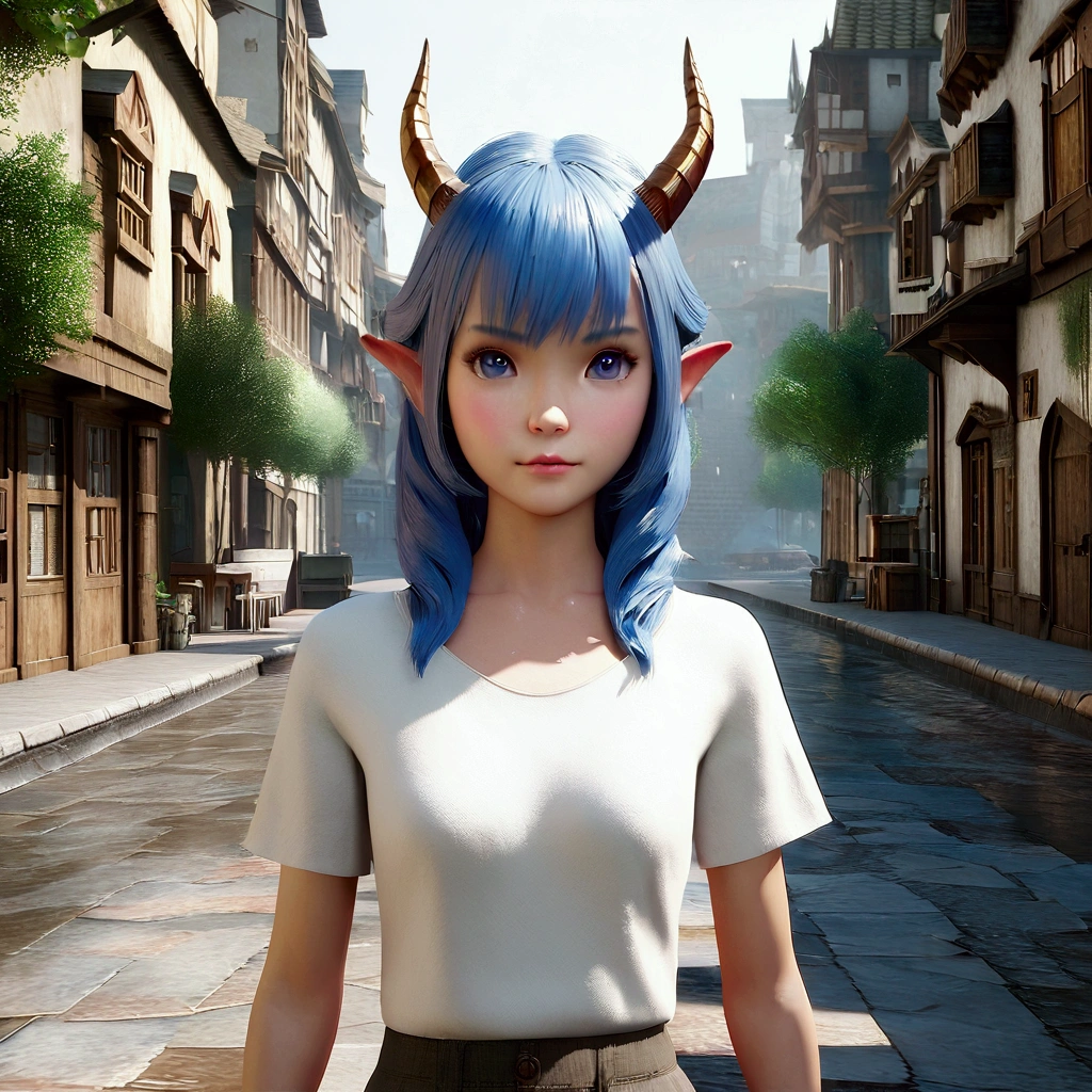 Anime girl with blue hair and horns on the street, 3D realistic animation, 2. 5D CGI anime fantasy artwork, Anime style 3d, Anime style. 8K, 4k Anime style, 3d style realistic anime, deviantart artstation cgscosiety, Digital Animation Art, guweiz style art, detailed Digital Animation Art, White shirt, Dragon Wings