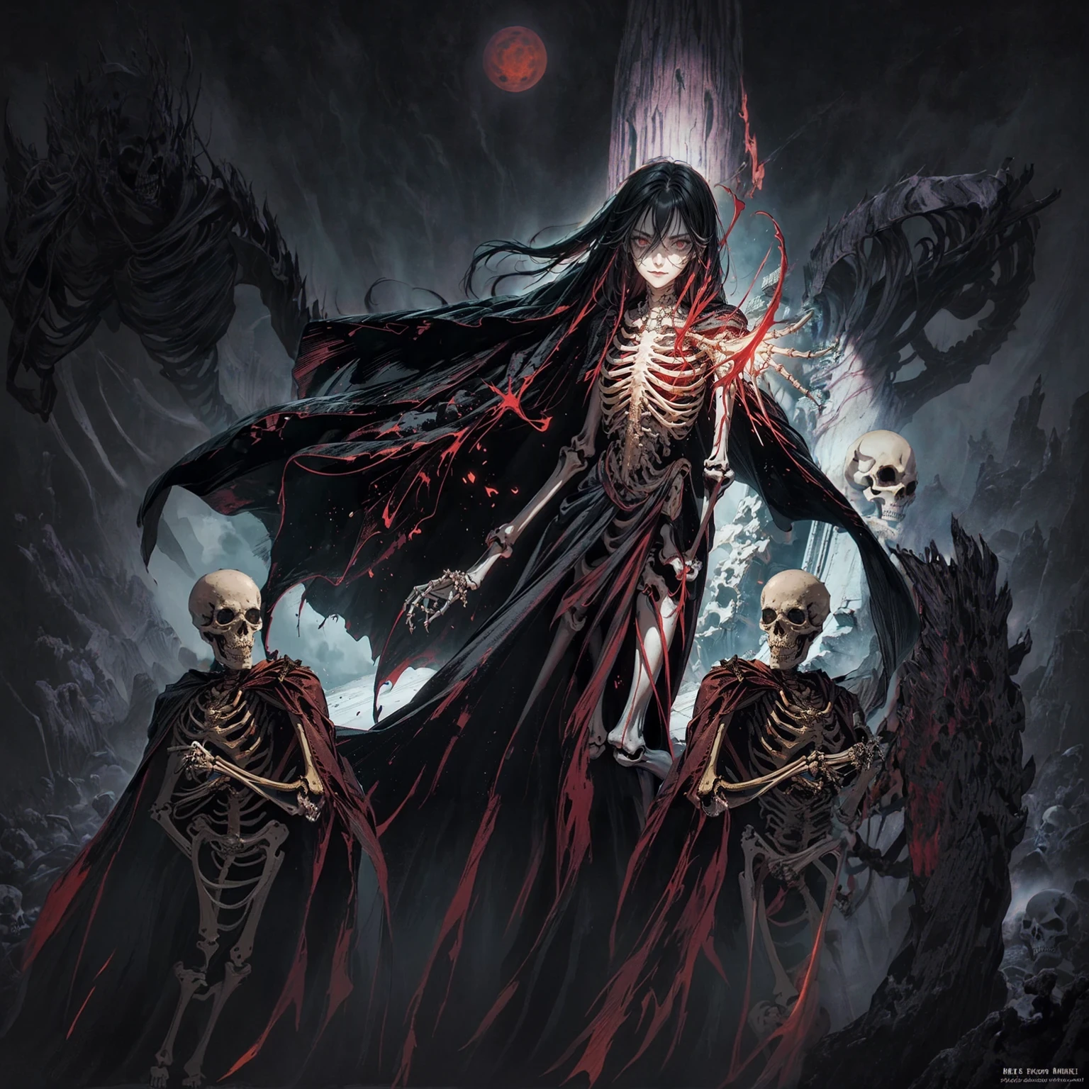 (full body shot:1.5), (Wide-angle lens:1.2), (black hair:1.5), best quality, 4K, high resolution, (masterpiece:1.2), Very detailed, (current:1.37), (Anatomically correct:1.2), Mood lighting, Undead girl in a long cloak, (Torso and limb is skeleton bone but head is still beautiful human face:1.2), Wearing a tattered gothic skirt, A sense of alienation, Dangerous sneer, Beautiful but evil grin, Dark Force (StarWar), Force lightning radiates from fingertips, Facing the camera, Pitch black sky, Blood red moon, strange atmosphere, Gothic style, Unforgettable beauty, Dramatic shadows, Ethereal Light, Mysterious atmosphere, Resurrection from the grave, The Black Magic, Dead, Anime characters with black hair, Detailed cover design, Anime epic artwork, detailed key anime art, Be focused, dark fantasy artwork, Anime Fantasy Artwork, Official artwork with high detail, Dark Witch Panorama, Lich Vecna (d&d), (skulls and skeletons in the background:1.2).