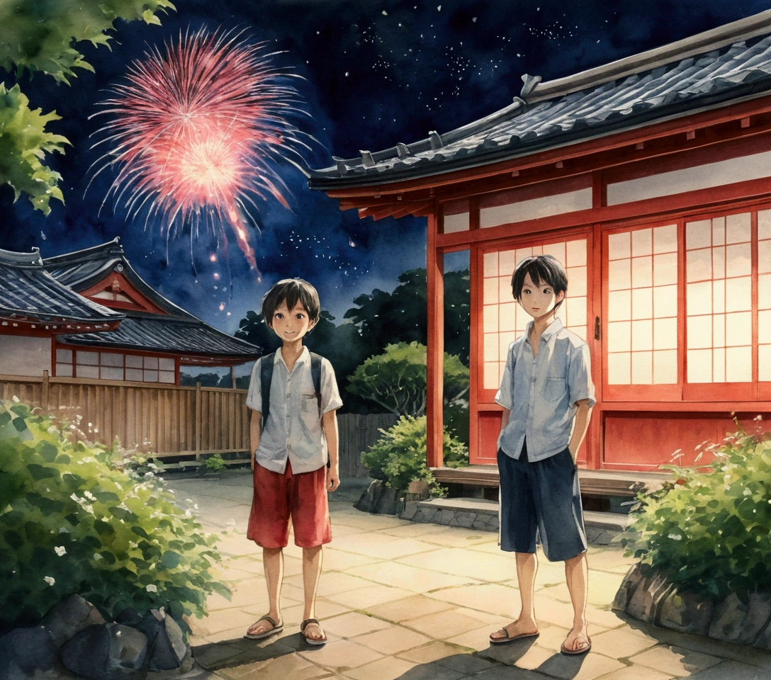 Heat rush August Hazuki Japan Boy 少しうつむいて線香fireworkで遊んでいる 線香firework firework mosquito coil Watermelon summer night Old Japanese house in the background Background Blur Beautiful, detailed eyes Elegant colors Hand drawn watercolor sketch Highest quality High resolution Summer in Japan