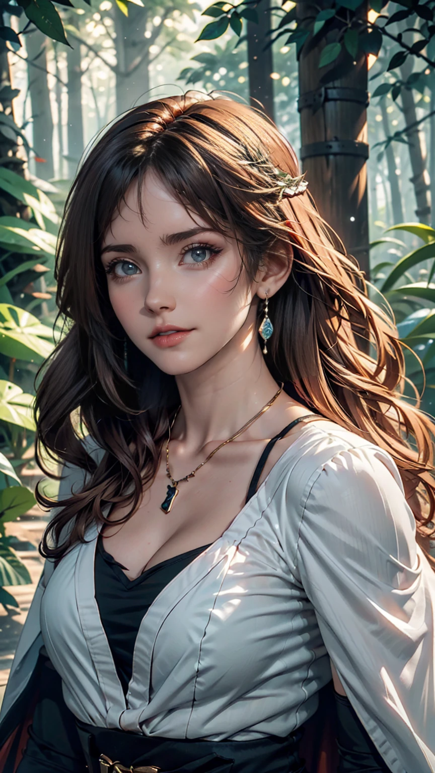 mj3d style,3dmm,3d,(masterpiece, Highest quality:1.1), Ghibli style, Mr. Miss. (mononoke hime), One girl, Bracelet, bangs, Black Hair, black undershirt, chest, Cape, Circlet, Earrings, Face Paint, Floating Hair, forest, fur Cape, Green Eyes, jewelry, View your viewers, medium chest, nature, necklace, Outdoor, parted bangs, shirt, short hair, No sleeve, No sleeve shirt, alone, tooth necklace, wood, Upper Body, white shirt