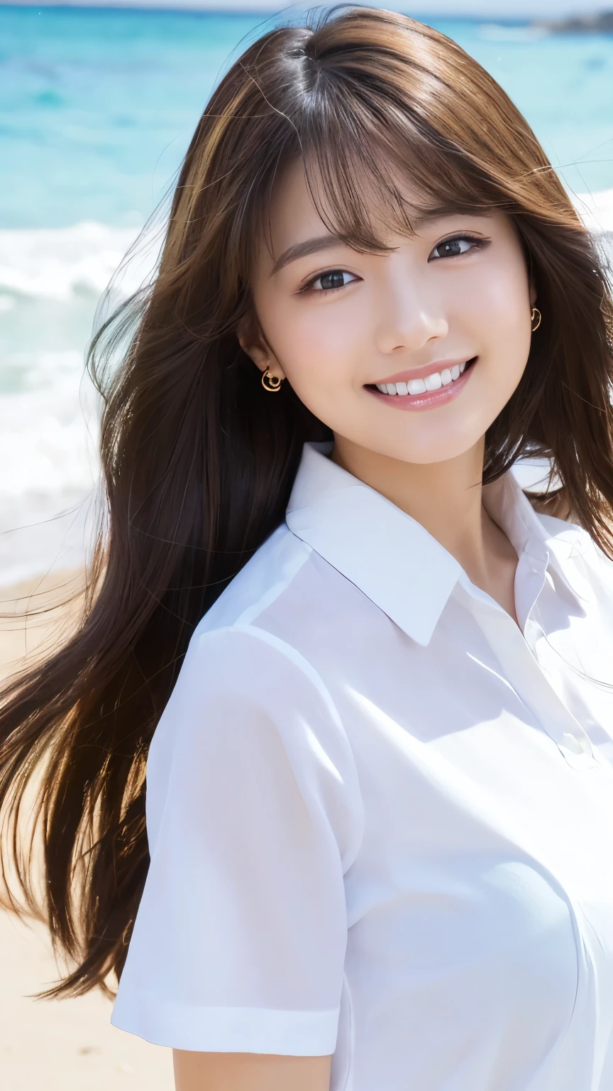 ((Highest quality、Tabletop、8k、Best image quality、Extremely intricate and detailed))、(1 person photo:1.1)、(Look at me with your best smile:1.1)、(Beautiful beaches:1.1)、(White polyester high short sleeve collar shirt:1.1)、(The perfect short sleeve collared shirt:1.1)、Accentuate your body lines、The most natural and perfect sea background、最も澄んだBeautiful sea、(Very large breasts:1.1)、(Face close-up:1.2)、Glamorous Body、Hair swaying in the wind、Sandy Beach、Beautiful sea、The clearest and most shining sea、Complex sea glow、The most detailed and realistic ocean、Beautiful seaの詳細が描かれています、(Very brightly lit face:1.2)、Ultra-high definition beauty face、(Ultra high resolution perfect beautiful teeth:1.1)、Ultra HD Hair、Ultra-high definition sparkling eyes、(Pure white skin shining in ultra-high resolution:1.2)、Ultra-high quality glossy lips、The cutest gravure pose、(Very bright and vivid:1.2)、(Very bright:1.2)、(Very refreshing:1.1)、(Glowing white beautiful skin:1.2)、(Very strong exposure:1.2)、(Pure white skin that shines Very brightly:1.2)、(Very strong highlights:1.2)、(Very bright and glowing skin:1.2)、Blurred Background
