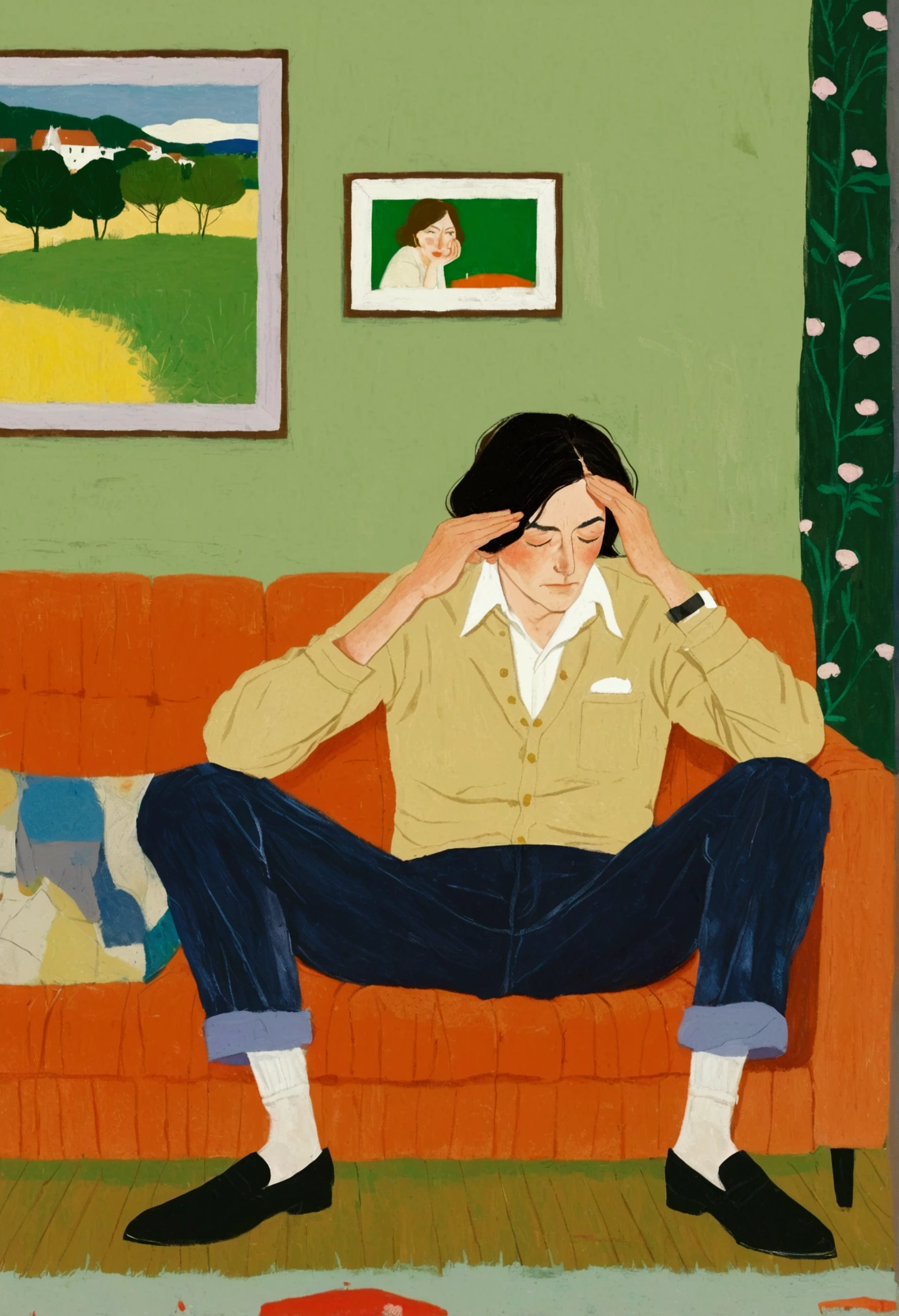 A man&#39;s sitting on a couch with his head in his hands, author：Alex Katz, inspired author：Alex Katz, Inspired by Chantal Joffe, A man&#39;s, author：Lois Dodd, inspired author：Lois Dodd, A man&#39;s画, by Kat Watcher, inspired by Noémi Ferenczy, Inspired by Euan Uglow, illustration
