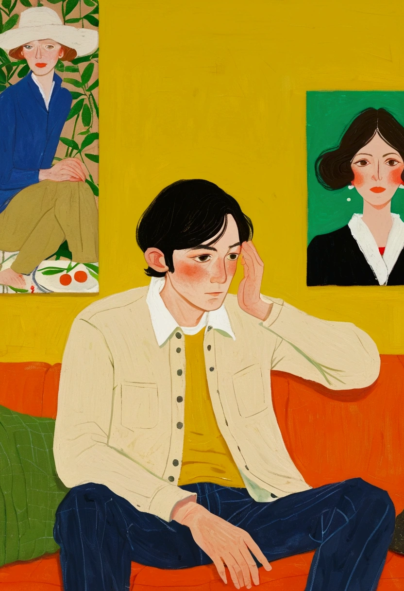 A man's sitting on a couch with his head in his hands, author:Alex Katz, inspired author:Alex Katz, Inspired by Chantal Joffe, A man's, author:Lois Dodd, inspired author:Lois Dodd, A man's画, by Kat Watcher, inspired by Noémi Ferenczy, Inspired by Euan Uglow, illustration