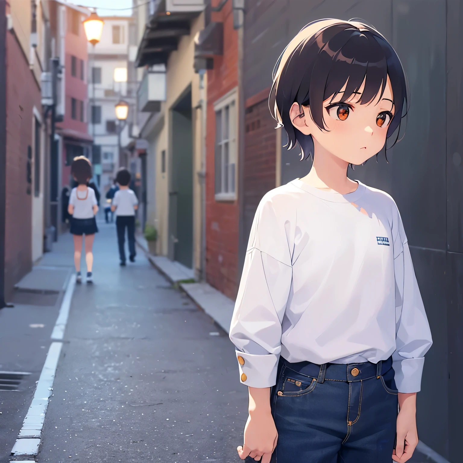(looking away:1.5),Upper Body,
、masterpiece、Highest quality、 (Short hair with brown bangs) and (Orange eyes) and (5 year old boy:1.5)、Boy,
(White long sleeve shirt)、
sad, Are standing、The background is a back alley at night、The upper body is shown、Alone、
