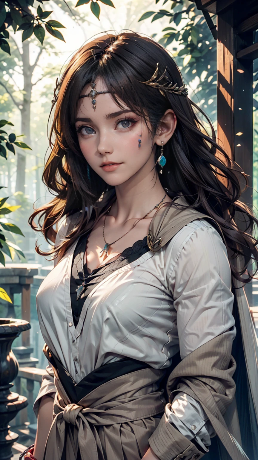 mj3d style,3dmm,3d,(masterpiece, Highest quality:1.1), Ghibli style, Mr. Miss. (mononoke hime), One girl, Bracelet, bangs, Black Hair, black undershirt, chest, Cape, Circlet, Earrings, Face Paint, Floating Hair, forest, fur Cape, Green Eyes, jewelry, View your viewers, medium chest, nature, necklace, Outdoor, parted bangs, shirt, short hair, No sleeve, No sleeve shirt, alone, tooth necklace, wood, Upper Body, white shirt