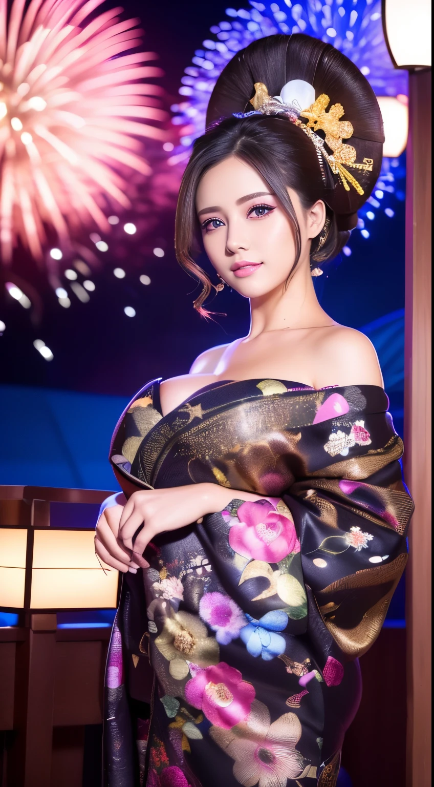 ((masterpiece(:1.4)，Highest quality，Ultra-high resolution，Highest quality，8k，Extremely detailed，In detail))。night，Fireworks display，Japanese，A beautiful woman，Big Breasts，Flashy gal makeup，Oiran，Uchikake，satin，Festive attire，Hair tying，hairpin，hair ornaments，geta，Oiran道中，Gorgeous and luxurious，(Fireworks displayのnightに河川敷で花火を背景にしたスナップ写真)，Emphasize the chest，Show your shoulderove the dress up to the shoulders，