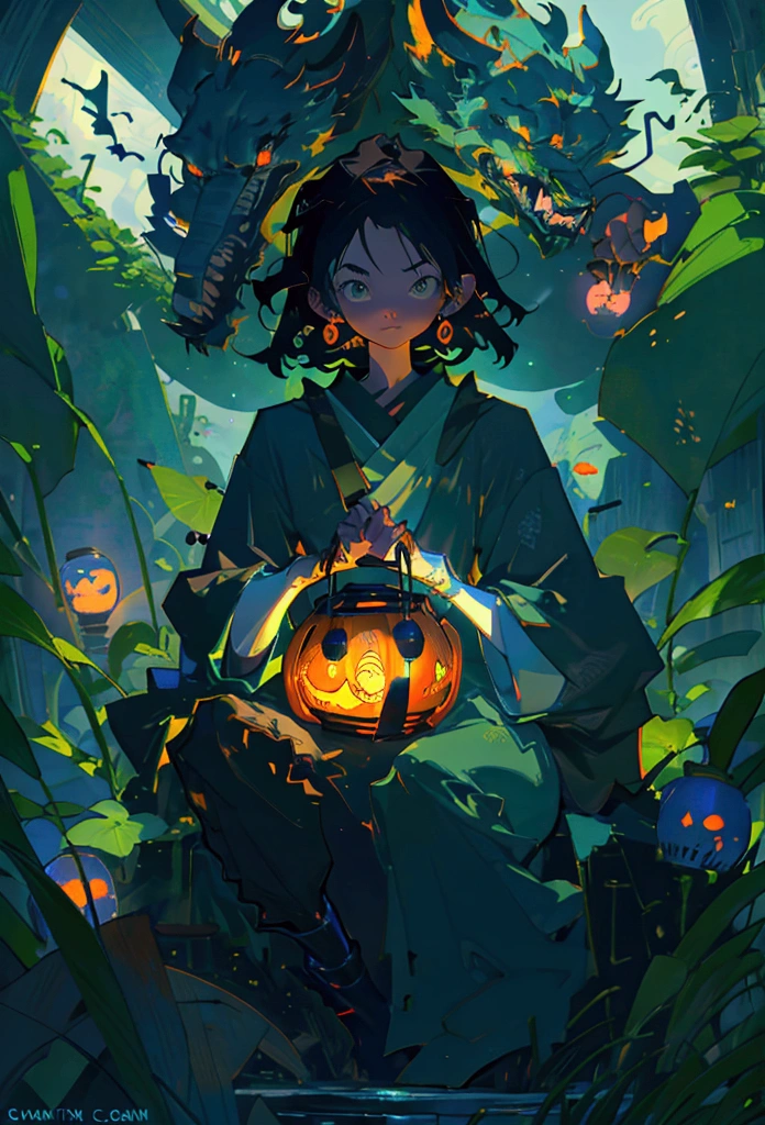 Dark blue pumpkin lantern，green fire，Disney Animation，