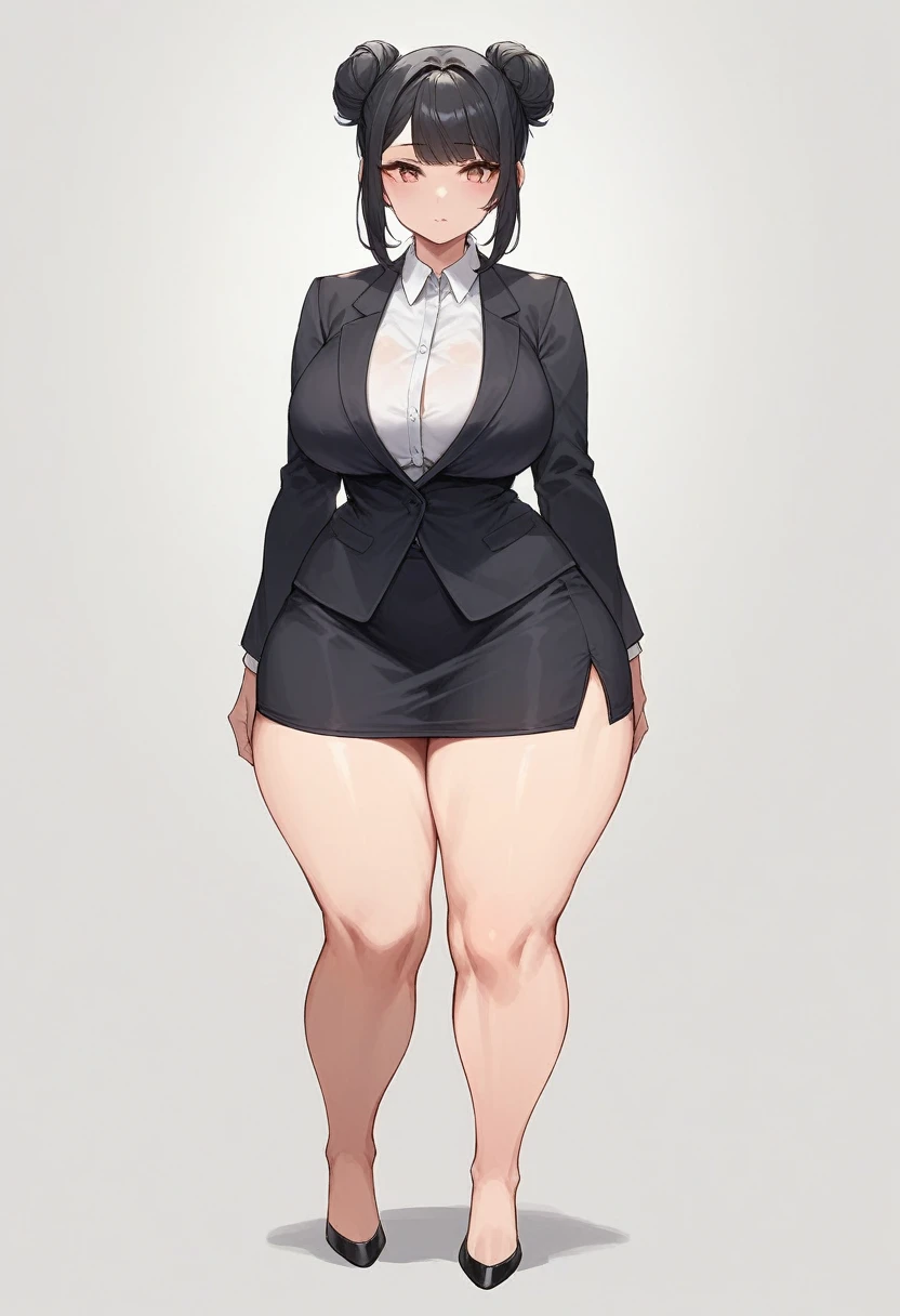 1girl, solo, secretary, short black hair, hair bangs, and two hair buns,  standing, sharp outline, tight black blazer, black pencil skirt, large breasts, thick thighs, large thighs, wide hips, massive thighs, thick legs, black slip on flats on her feet, full body shown, best quality, masterpiece, white background, young face, short height