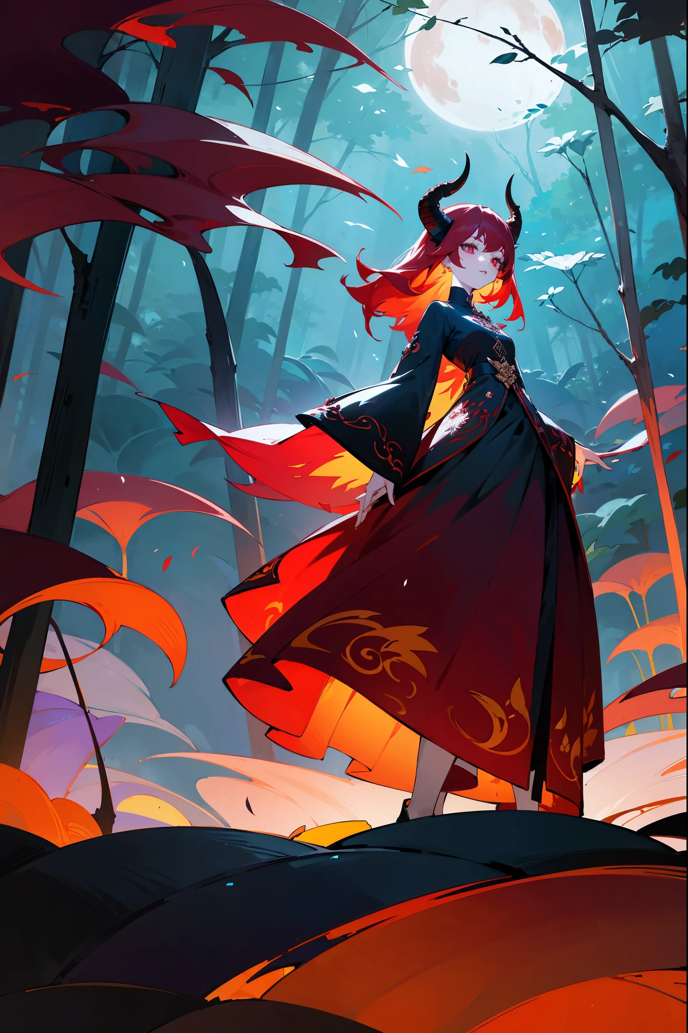 1female, pale skin, maroon hair, maroon eyes, wearing an elegant dress with flame-inspired embroidery, black goat curved horns, flaming flower lotuses surrounding her, standing in a mystical forest with glowing flora, moonlight filtering through the trees, masterpiece, 8k, standing on path