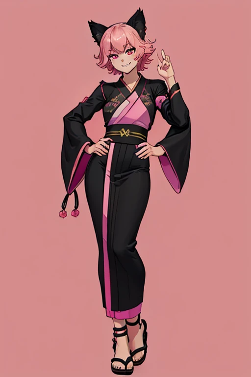 female, pink short hair, red eyes, black cat ears, pink cat tail, (((1girl))), (((pink and black kimono))), (black Japanese sandals), cute and sexy, full body, modest breasts, long legs, smiling