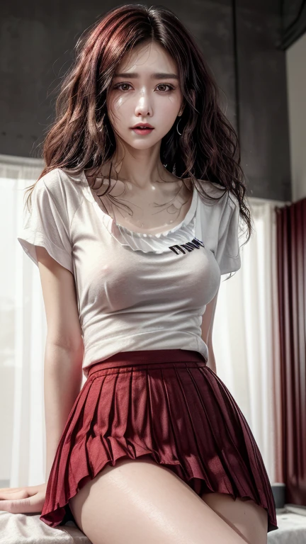 high quality, Long curly hair, A 25-year-old slender Central Asian female star, (Tall and slender:1.0) .full-body shot:1.7, (frown:1.3) (Melancholy expression:1.1) (Sweating all over:1.4)(The close-fitting white t-shirt was torn:1.5)(Dark red mini pleated skirt:1.5)(Wearing black underwear underneath the clothes:1.0)(looking into camera:1.3)