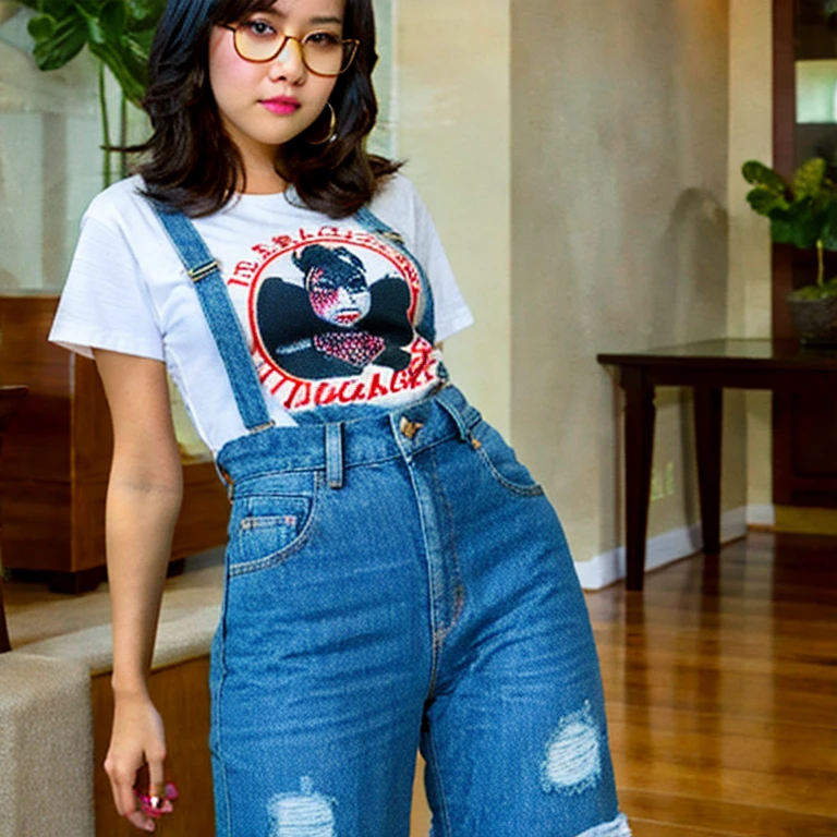 (masterpiece, perfect quality:1.2), beautiful detailed. cute face, 1girl, short, , slightly chubby, medium black hair, black hair over one eye, glasses, t-shirt, black jeans, pear shape wide hips, thick thighs, solo, indoors,