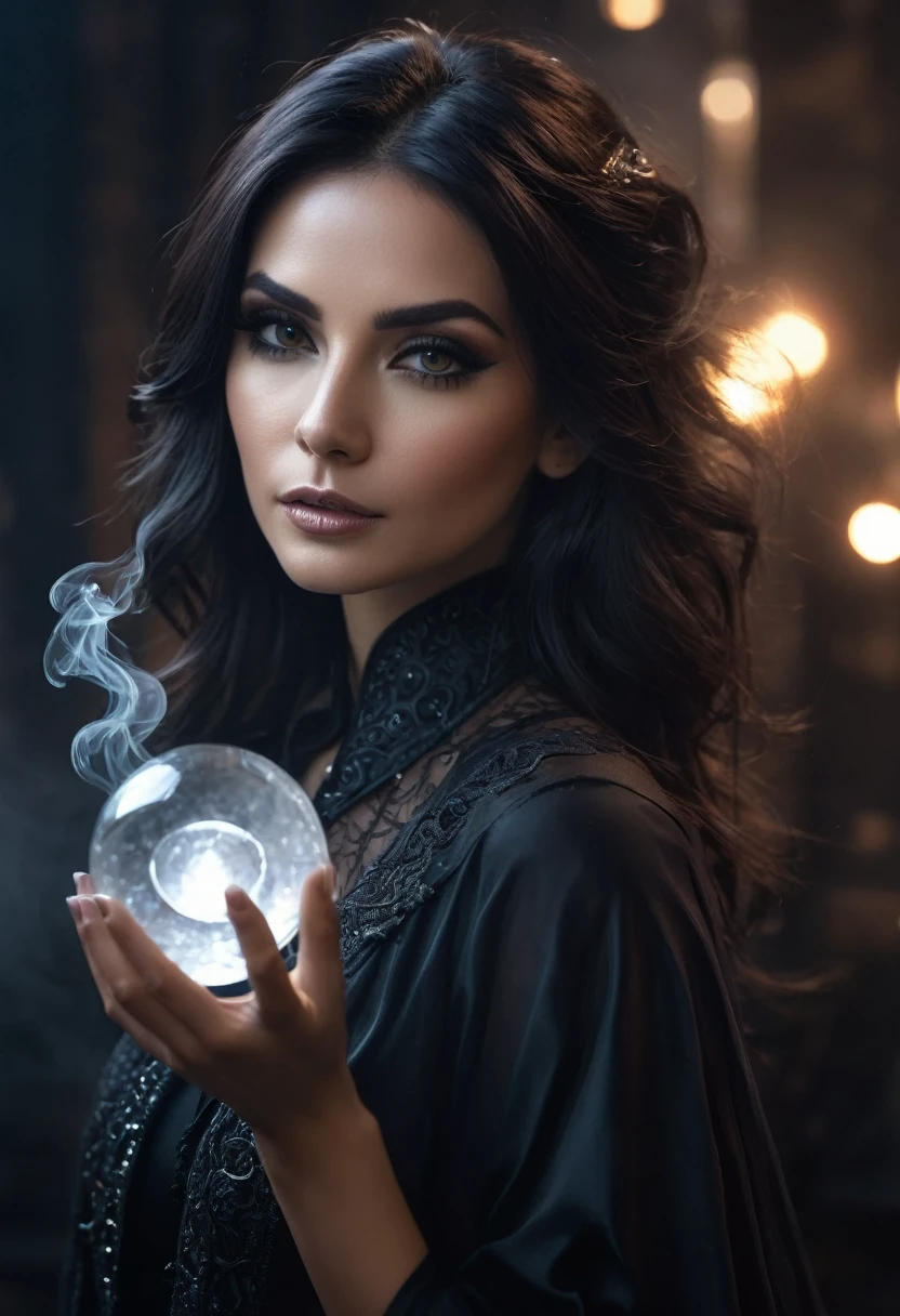a beautiful woman WITCH WITH A CRYSTAL BALLin the Style-RustMagic, Aum, (atmosfera escura:1.2), (Mist & smoke), (noite escura:1.3), Cicatrizes, (shaggy medium length dark hair:1.1), (sombra:1.1), (brilho lindamente detalhado:1.2), (cinematic lighting), detalhe intrincado, high resolution, olhos arredondados, detailed facial features, sharp focus, suave, aesthetics, Dark industrial factory detailed background, pose elegante,