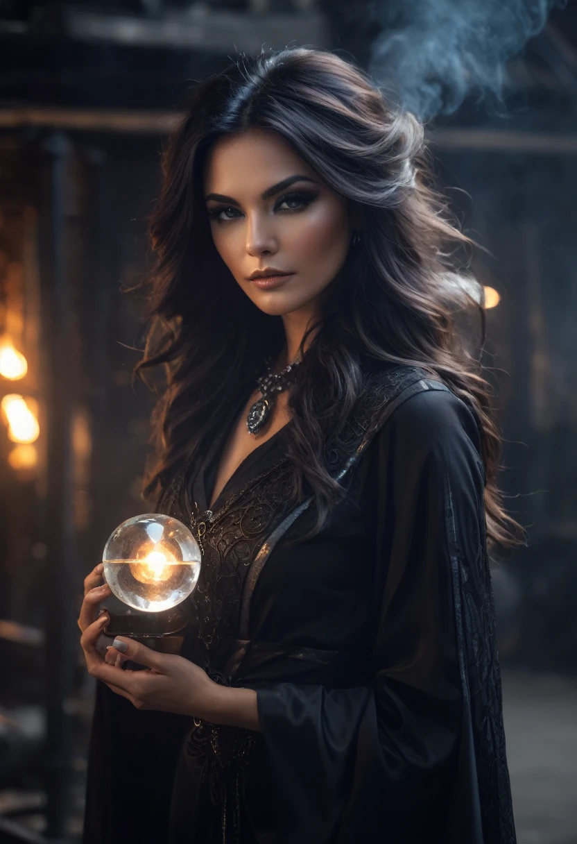 a beautiful woman WITCH WITH A CRYSTAL BALLin the Style-RustMagic, Aum, (atmosfera escura:1.2), (Mist & smoke), (noite escura:1.3), Cicatrizes, (shaggy medium length dark hair:1.1), (sombra:1.1), (brilho lindamente detalhado:1.2), (cinematic lighting), detalhe intrincado, high resolution, olhos arredondados, detailed facial features, sharp focus, suave, aesthetics, Dark industrial factory detailed background, pose elegante,