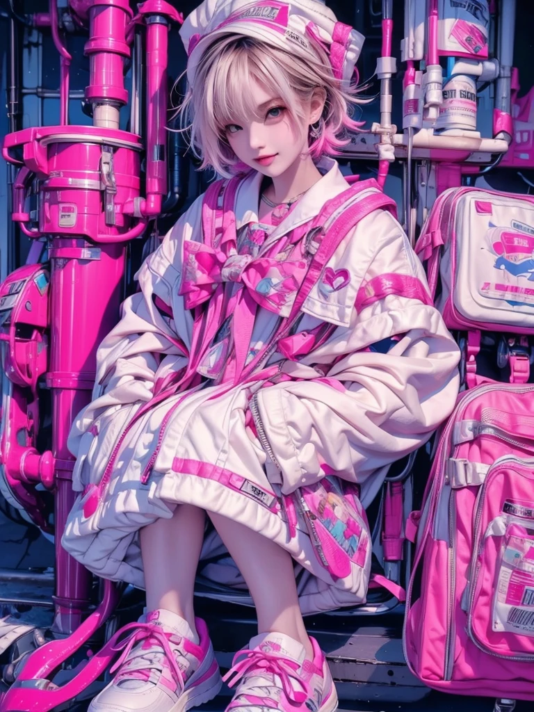 High quality, high resolution, one beautiful girl, pink and blue short hair, inkjet, sailor uniform, school rooftop, holding Splatoon inkjet gun, full body