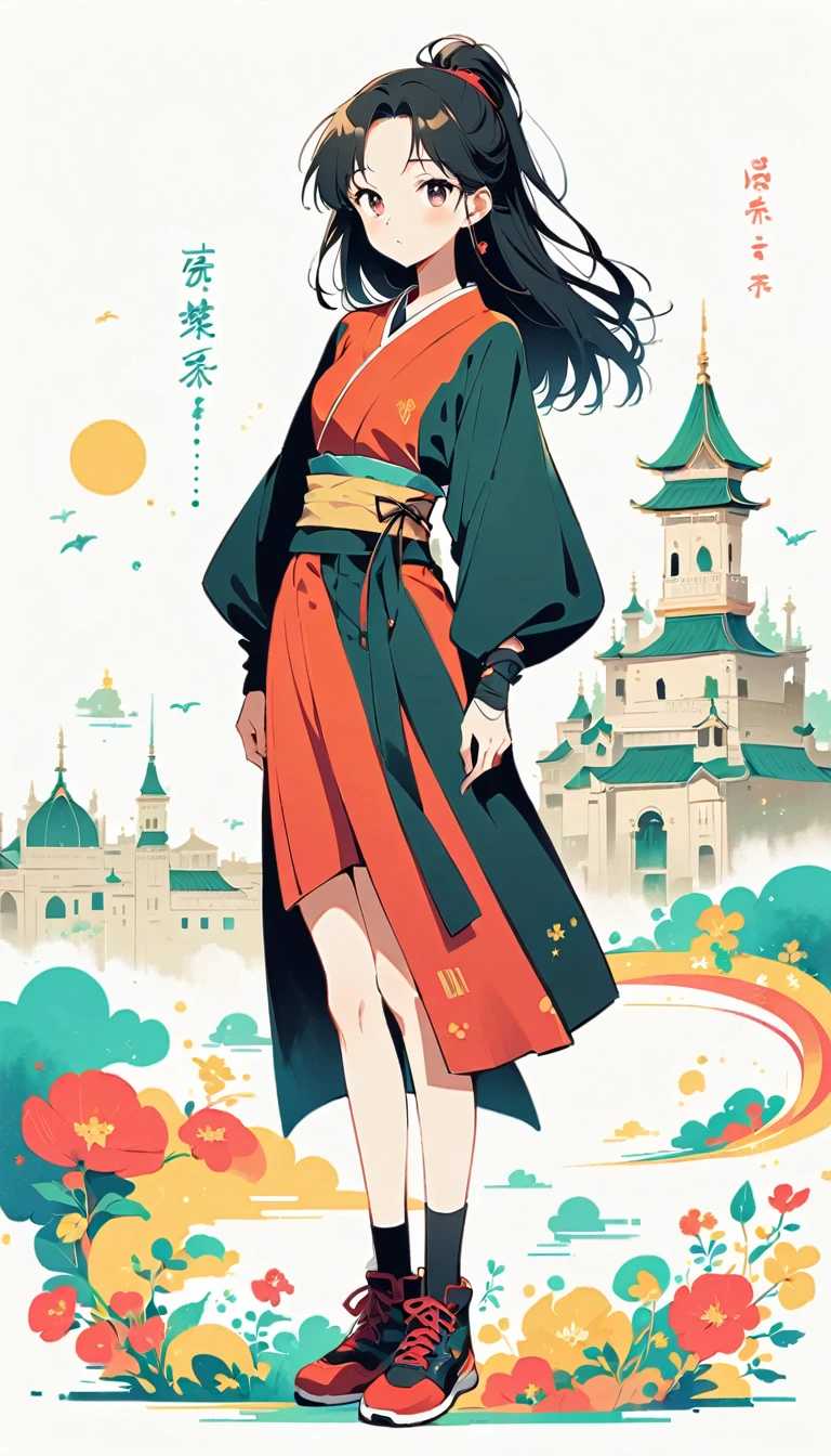 White background, Watase Seizo style, Ninja Assassin, Simple line initials, shining pupils, (((The Most Beautiful Girl))), 18 years old, palace background, vivid colors, whole body, black tone